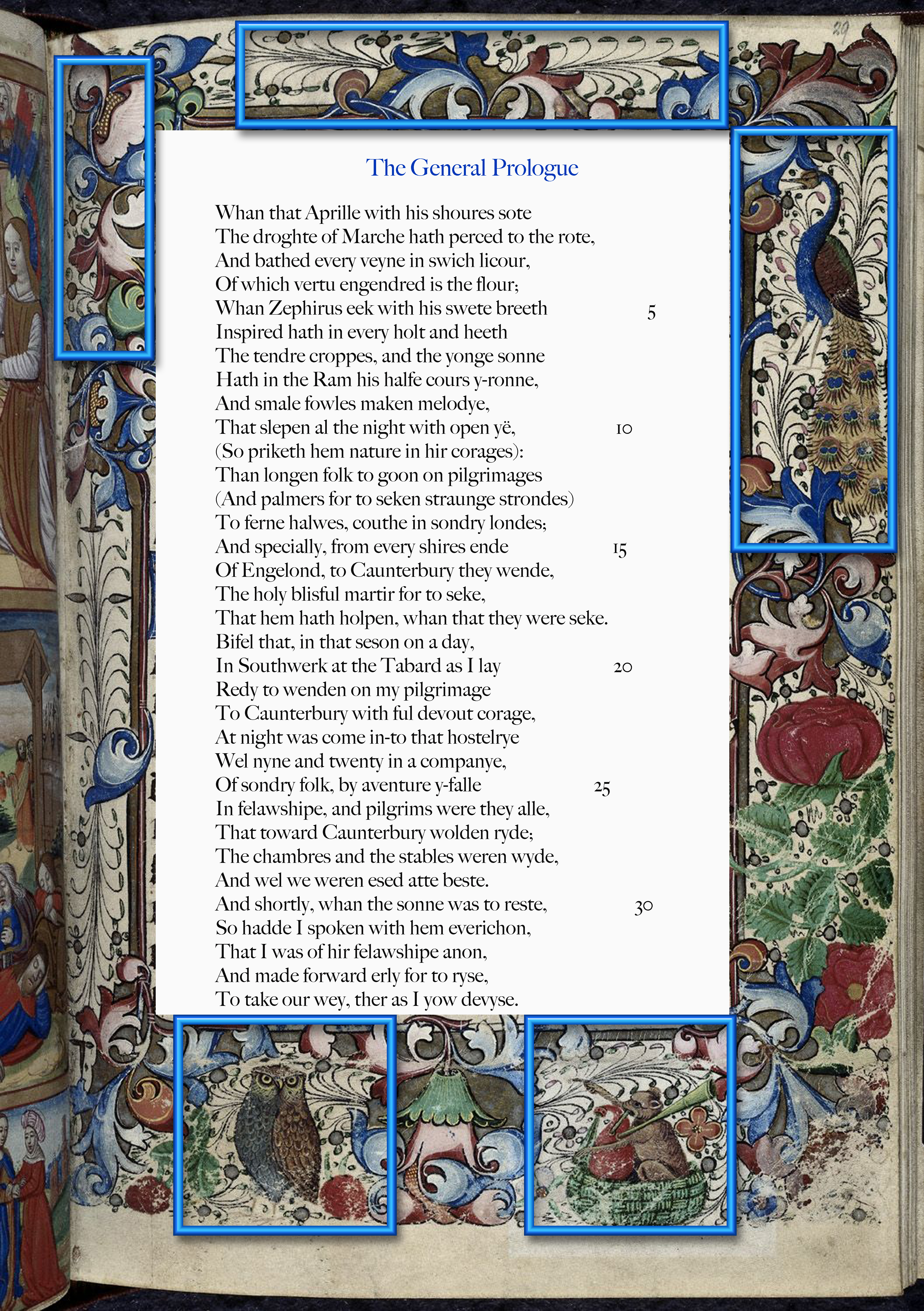 Sample page of the General Prologue with Augmentations using Aurasama (Augmented Palimpsest Channel)