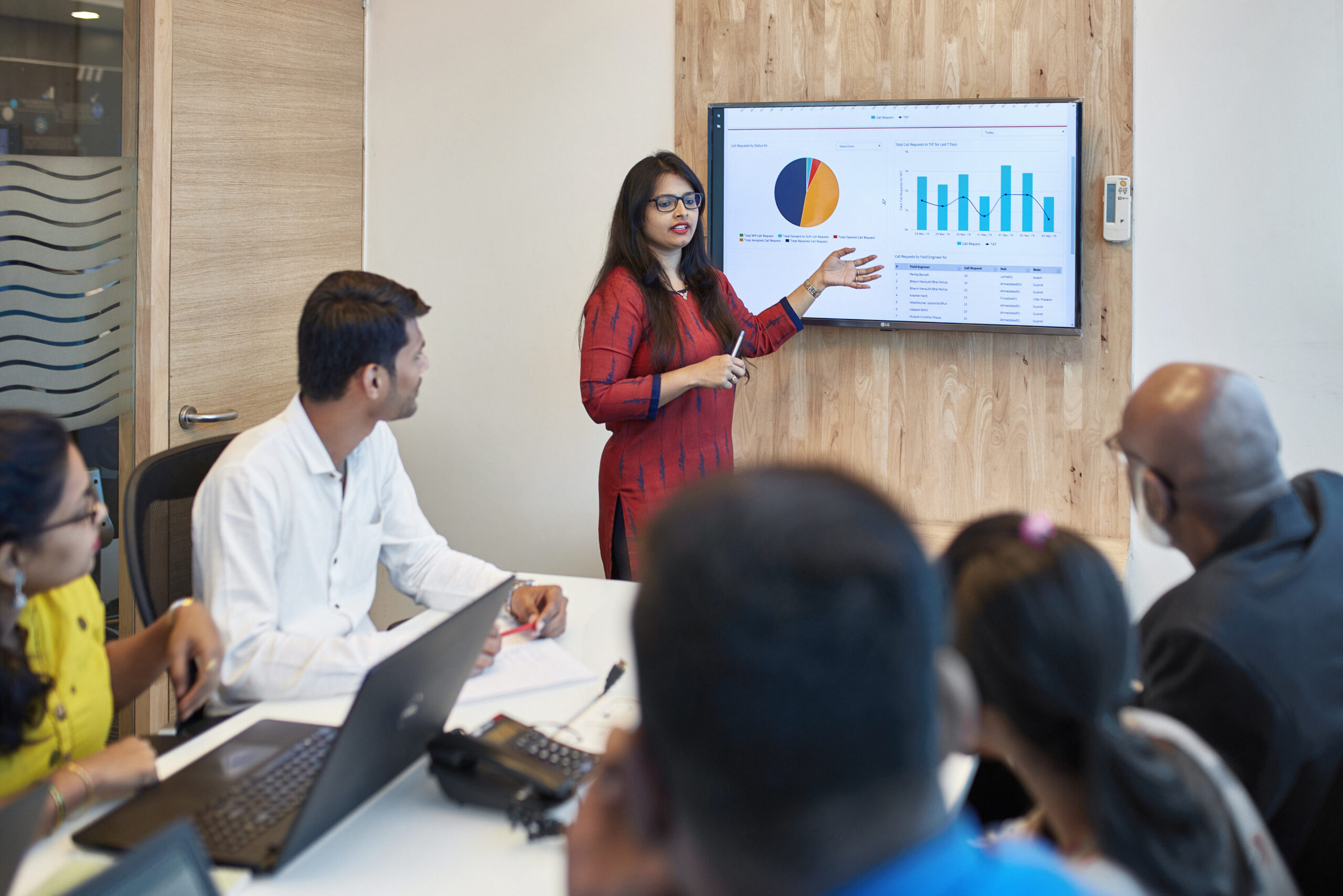 Confident young businesswoman explaining graph to professionals in board room. Colleagues are planning strategy at creative workplace. They are working at office.