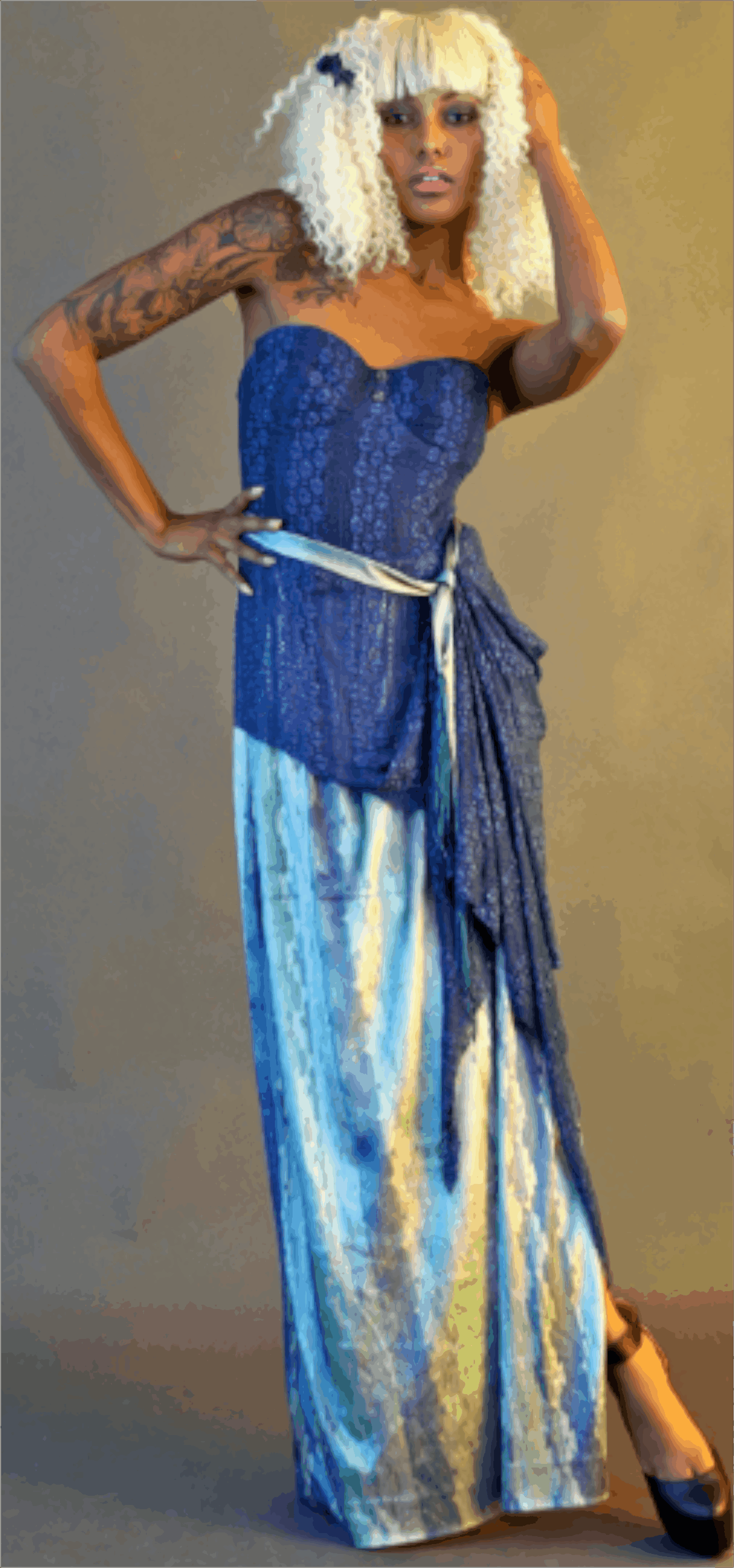 Women's One of a Kind Handmade Vintage Printed Velvet Geometric Blue Visions Gown
