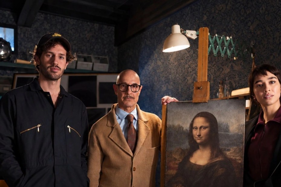 Movie poster for Masterplan featuring the protagonists standing next to Leonardo da Vinci's Mona Lisa.