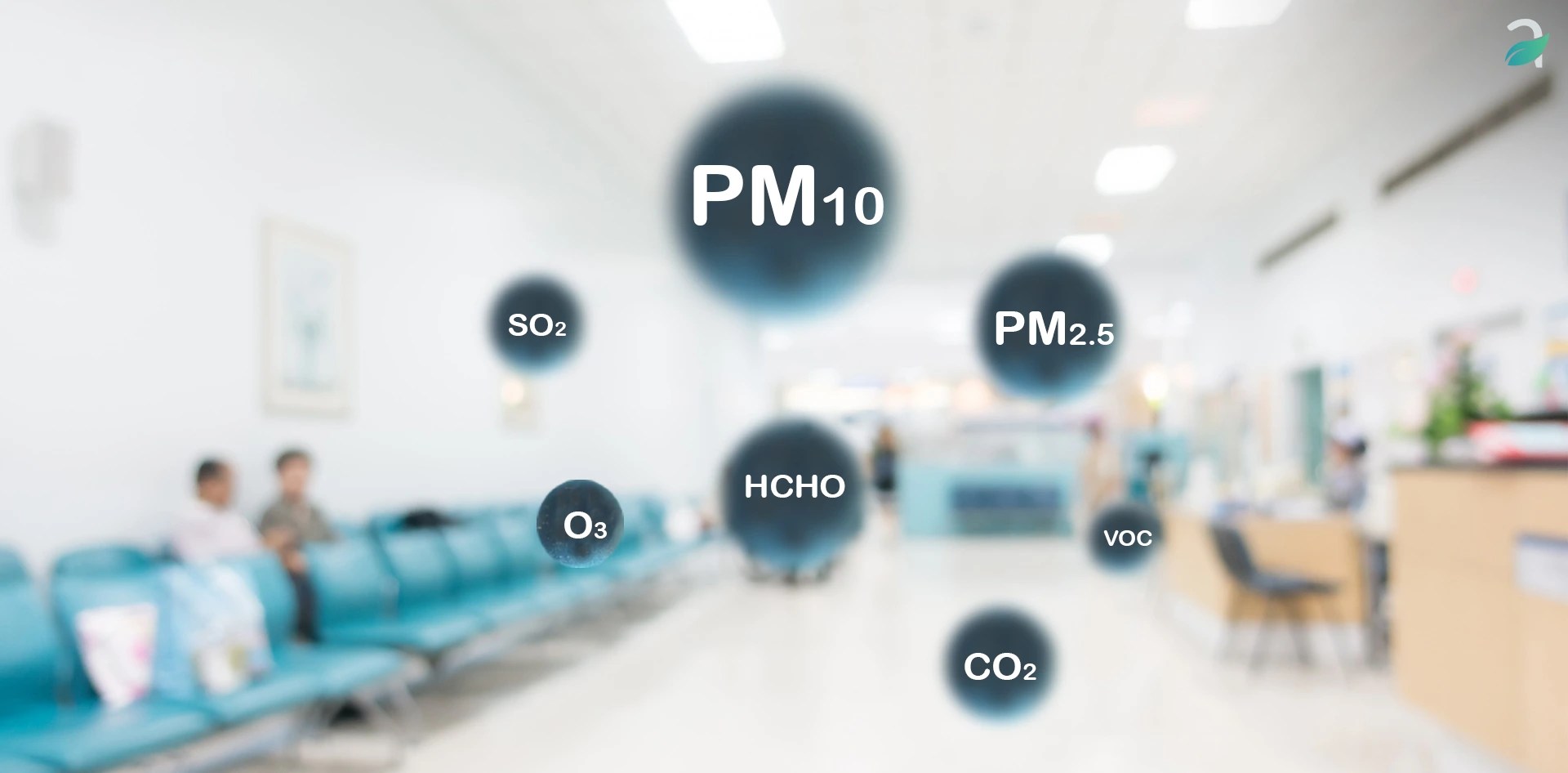 Visualization of indoor air pollutants like PM2.5, PM10, CO2, and VOCs in a hospital waiting area
