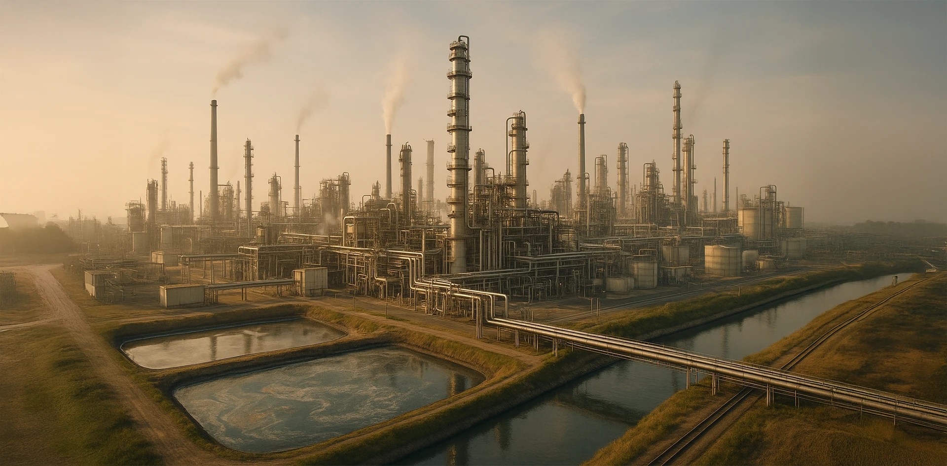 A sprawling chemical plant with multiple chimneys releasing emissions and nearby wastewater treatment ponds, depicting the pollution caused by the chemical industry.