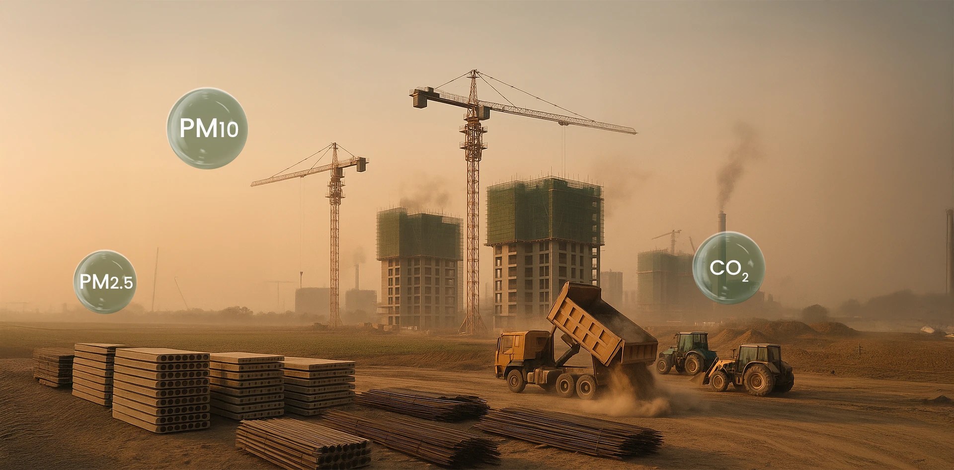 Construction site with cranes, buildings, heavy machinery, and visible emissions of PM2.5, PM10, and CO₂ highlighting pollution caused by the construction industry.