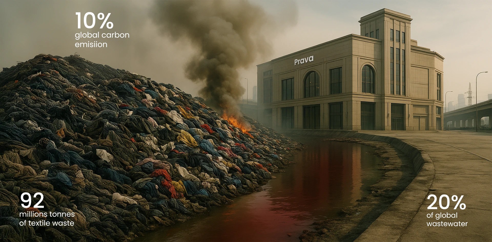 Massive textile waste pile burning near a fashion building with polluted red water, representing the environmental pollution caused by the fashion industry.