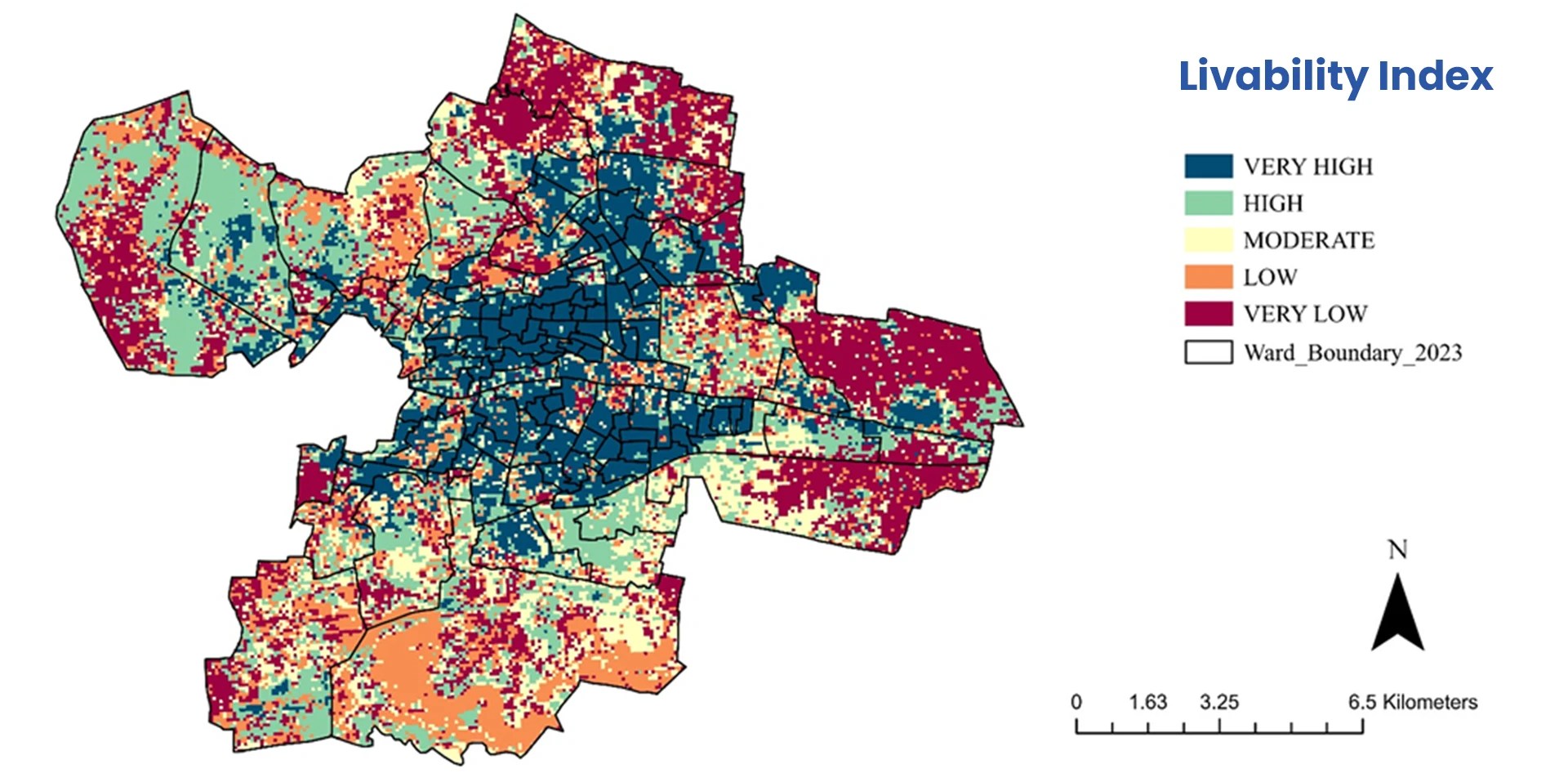 Ward-level city map showing Livability Index scores across neighborhoods A detailed city map divided by administrative ward boundaries, with colored pixel-level segments representing Livability Index scores from very low (red) to very high (dark blue).