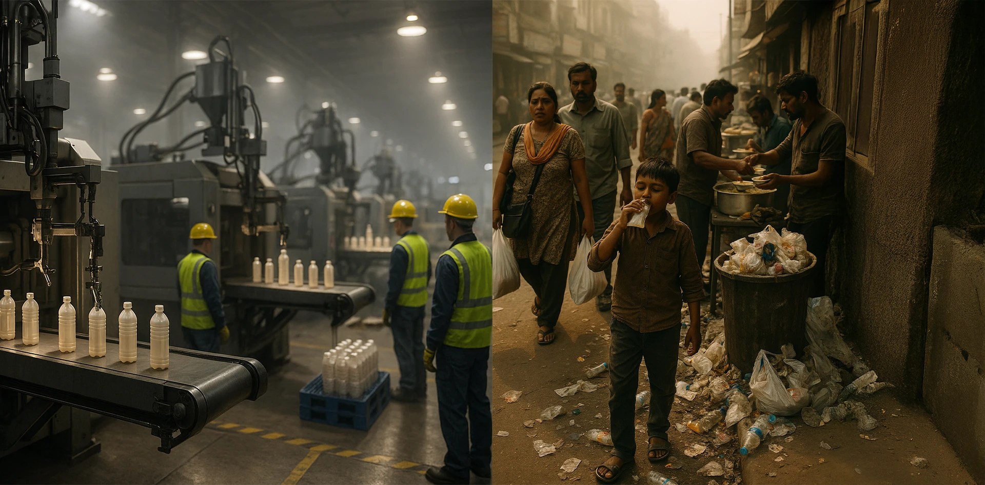 Plastic manufacturing plant with bottles on conveyor belts and a street scene with plastic litter, depicting the full impact of the plastic industry on pollution.