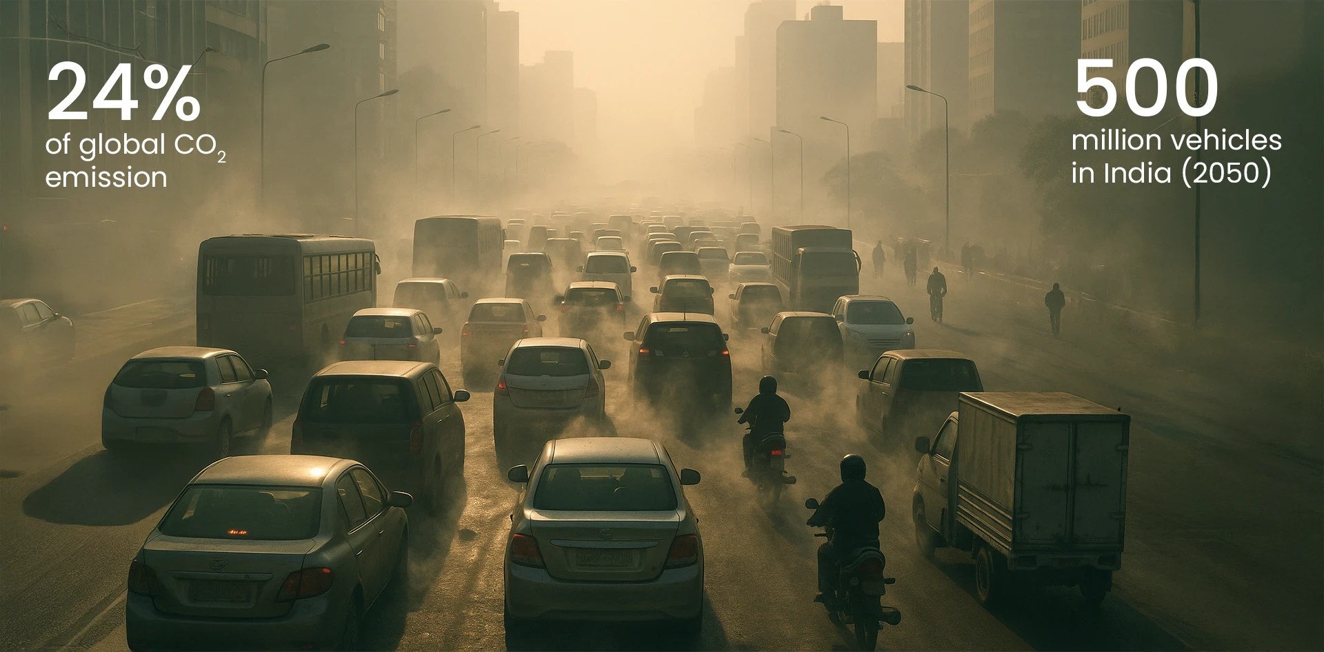 Traffic congestion in a polluted cityscape with cars, buses, and bikes emitting visible exhaust, representing transportation’s role among polluting industries.