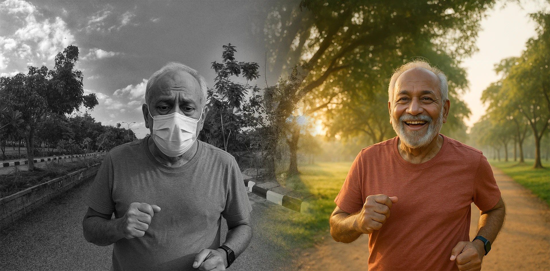 Before and after impact of air quality on an elderly jogger in a city park A split-screen image showing the same elderly man jogging—left side in black-and-white wearing a face mask under polluted conditions, and right side in vibrant color, smiling while jogging in a clean, green, healthy environment.