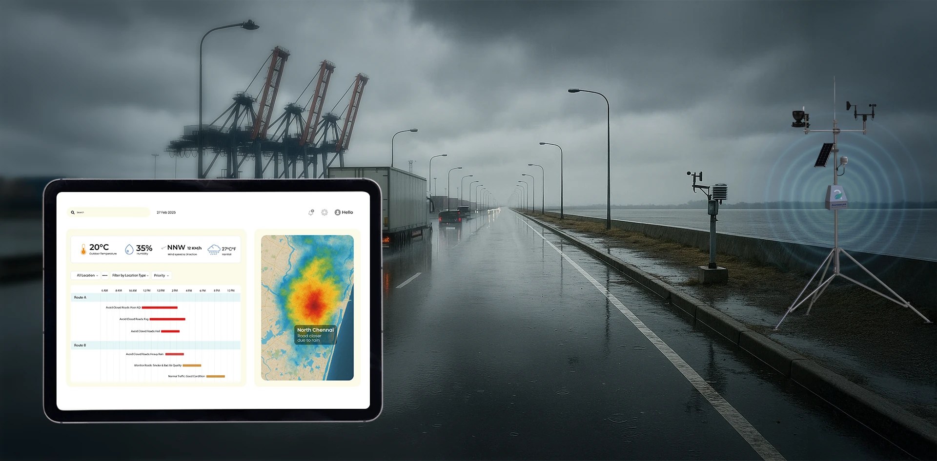 A weather intelligence dashboard displaying real-time alerts and route disruptions during heavy rainfall, with a logistics port in the background and Aurassure’s on-ground weather sensor deployed roadside. A visual example of how climate intelligence supports the logistic industry.
