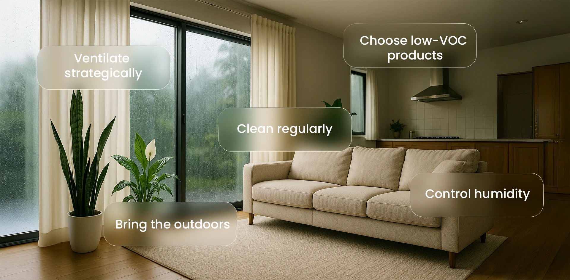Indoor air quality in Monsoon season – modern living room with plants and sofa, showing tips like ventilation, cleaning, humidity control, and low-VOC products