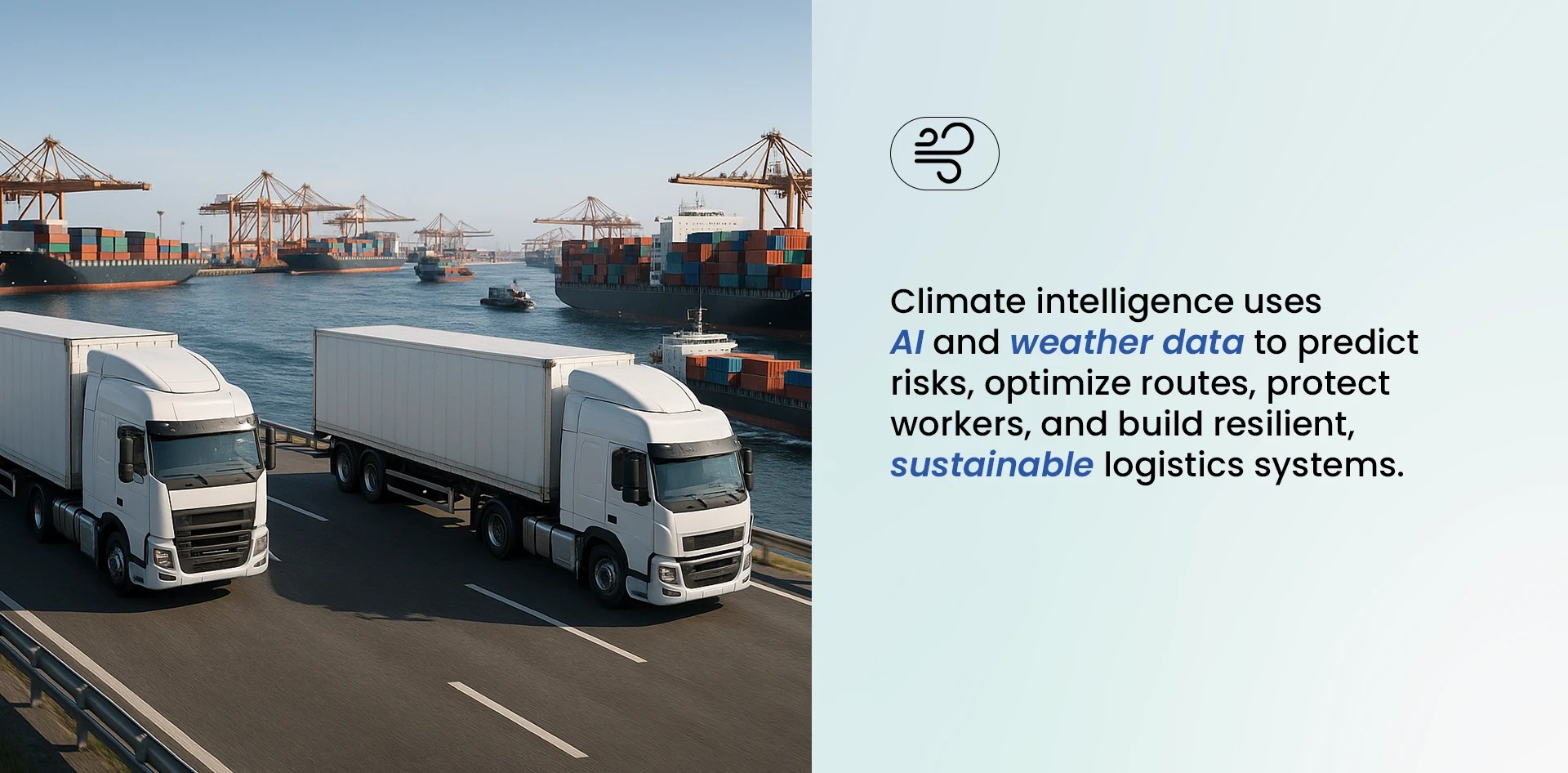 Two cargo trucks driving near a busy seaport with stacked container ships, alongside a message explaining how AI and weather data are used to create sustainable and resilient logistics systems. A strong visual representation of climate intelligence in the logistic industry.