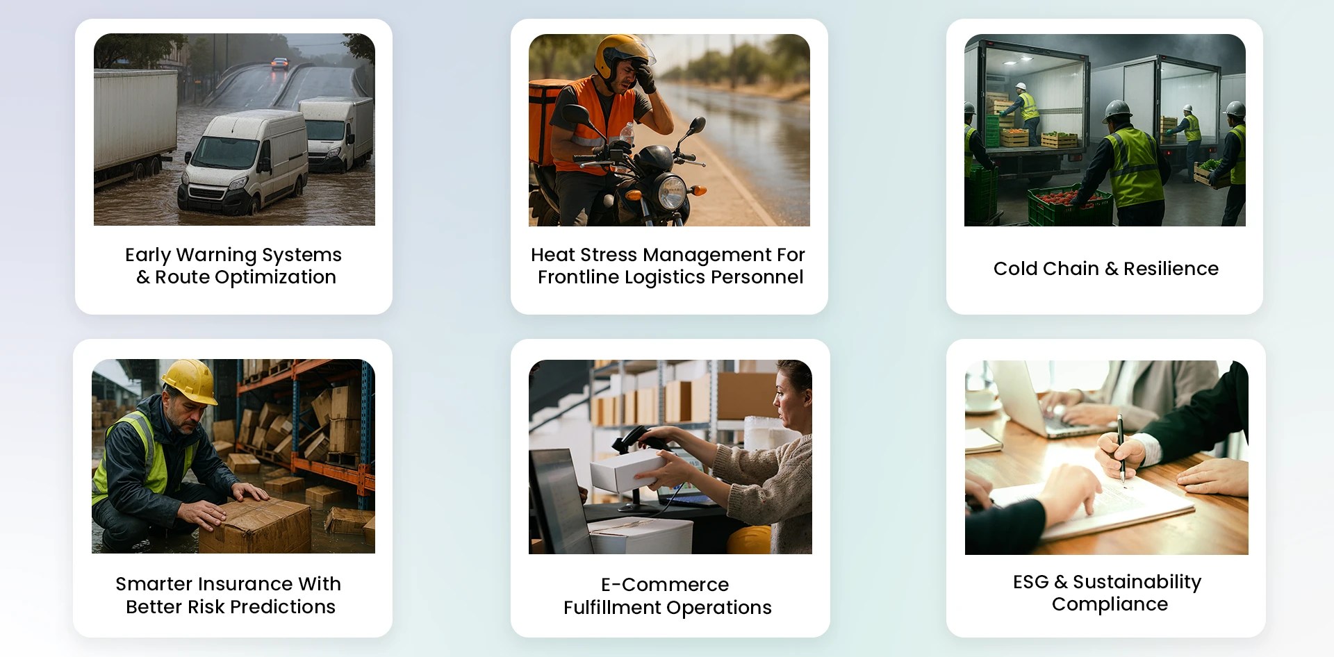 Grid of six climate intelligence use cases for the logistic industry, showing visuals of weather-related disruptions, delivery personnel, cold chain operations, and warehouse environments, highlighting early warning systems, risk prediction, and sustainability compliance.