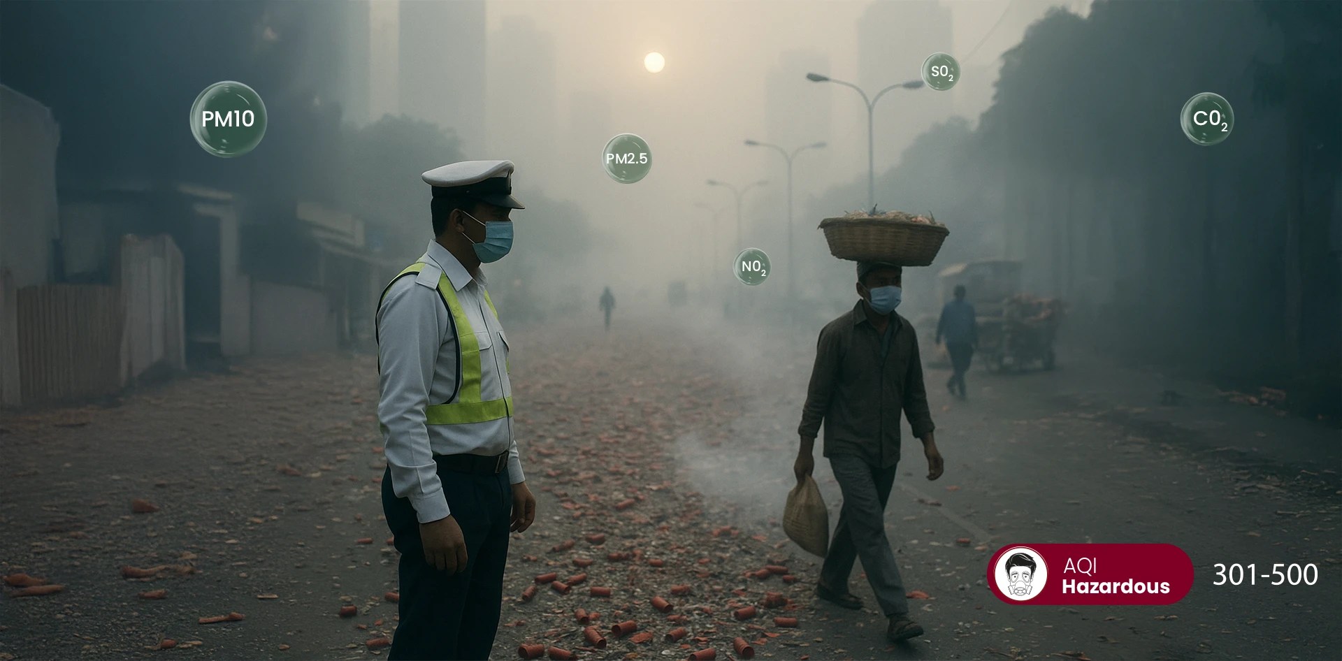 From Fireworks to Air Care — post-Diwali city street covered in smog with a traffic officer and worker wearing masks, surrounded by air pollutant indicators (PM2.5, PM10, NO₂, SO₂, CO₂) and AQI levels marked as Hazardous 301–500.