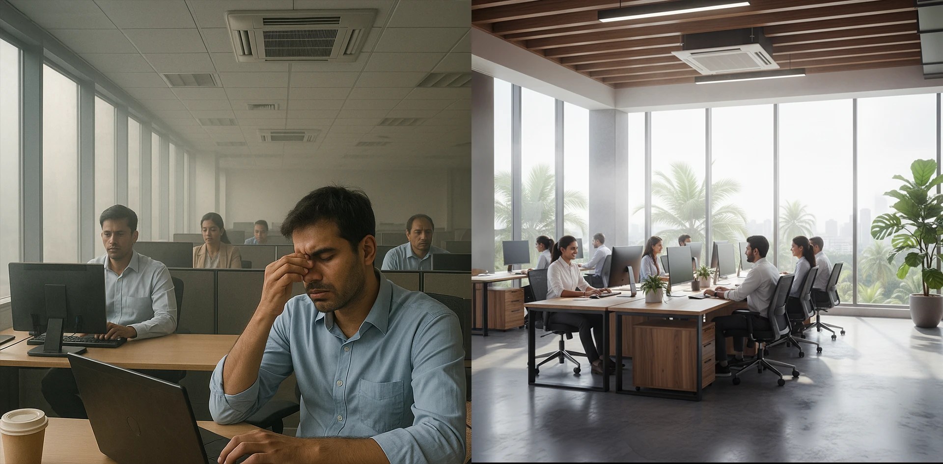Comparison showing two office environments: one with poor indoor air quality in offices where employees look tired and uncomfortable, and another with clean air, natural light, and healthy, focused employees.