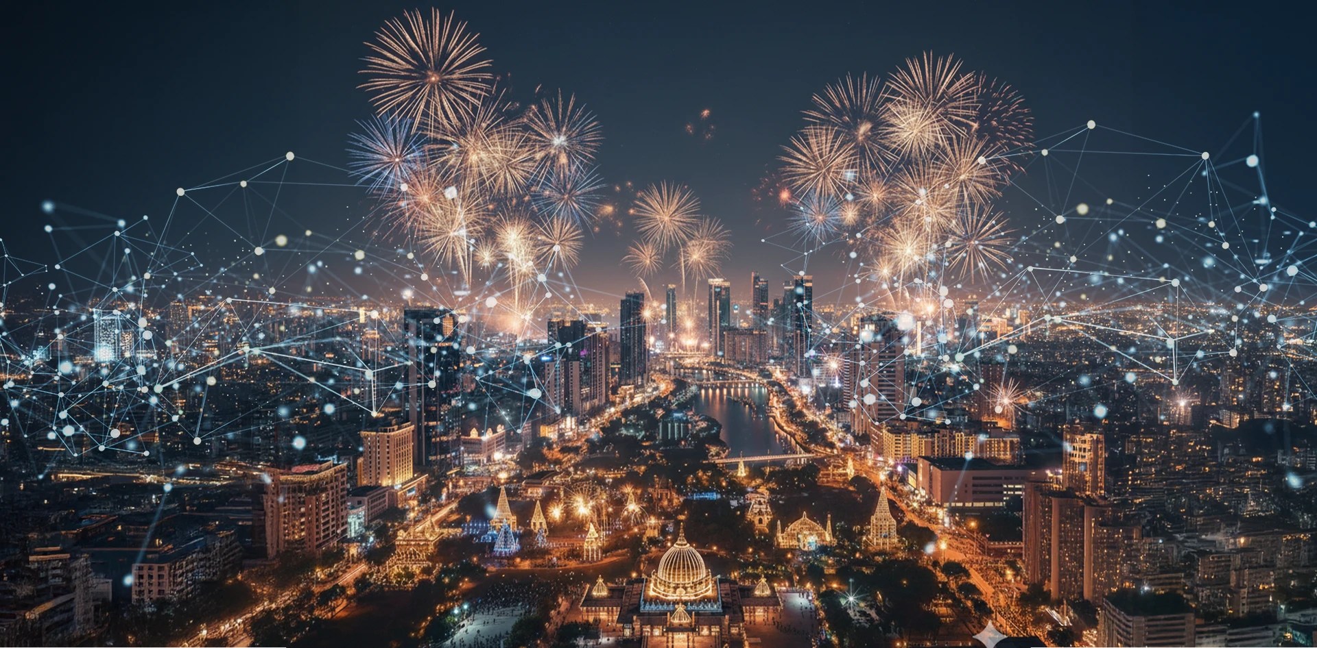 From Fireworks to Air Care — a panoramic city skyline illuminated with fireworks and connected digital data lines, symbolizing the fusion of Diwali celebration with smart air quality monitoring and technology.