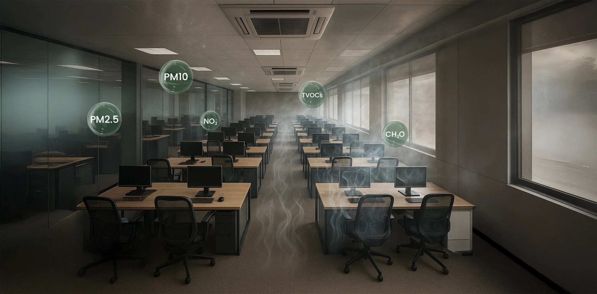 Illustration of poor indoor air quality in offices showing pollutants like PM2.5, PM10, NO₂, TVOCs, and formaldehyde inside a workspace with computers and low ventilation.