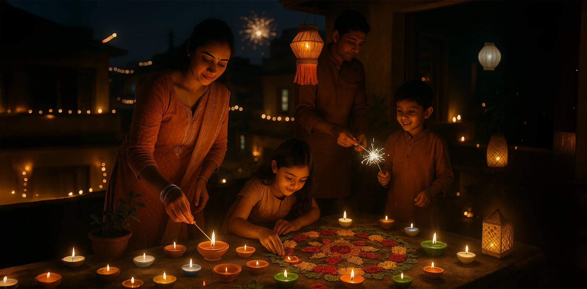 From Fireworks to Air Care — an Indian family celebrating Diwali together, lighting diyas and sparklers around a colorful rangoli, symbolizing joy, togetherness, and sustainable festive traditions.