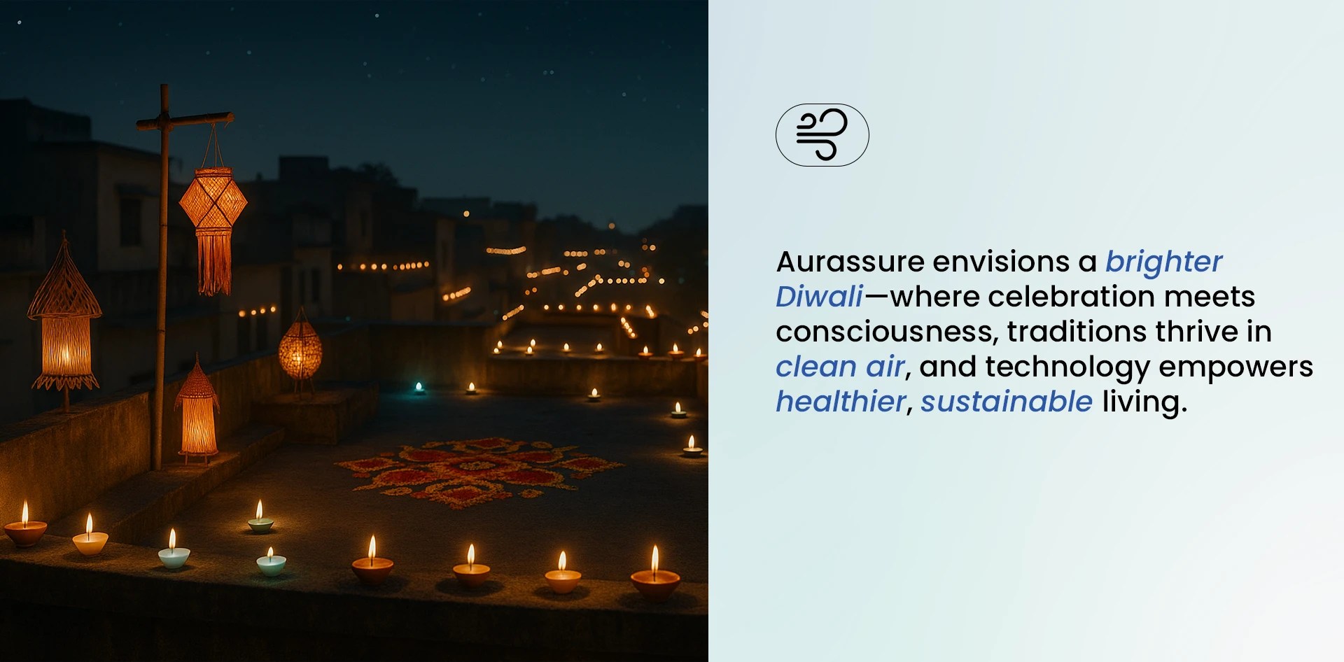 From Fireworks to Air Care — Diwali night rooftop decorated with glowing diyas and lanterns, symbolizing sustainable celebration and Aurassure’s vision of cleaner, healthier air through technology and awareness.