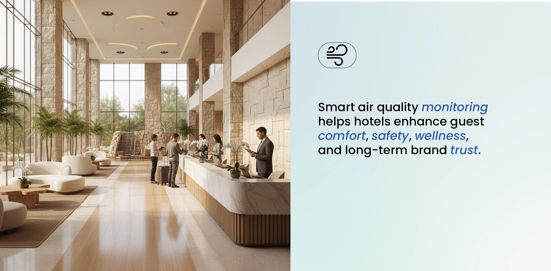 Modern hotel lobby with guests checking in, illustrating how Indoor Air Quality Monitoring in Hotels enhances comfort, safety, wellness, and long-term trust through smart air management systems.
