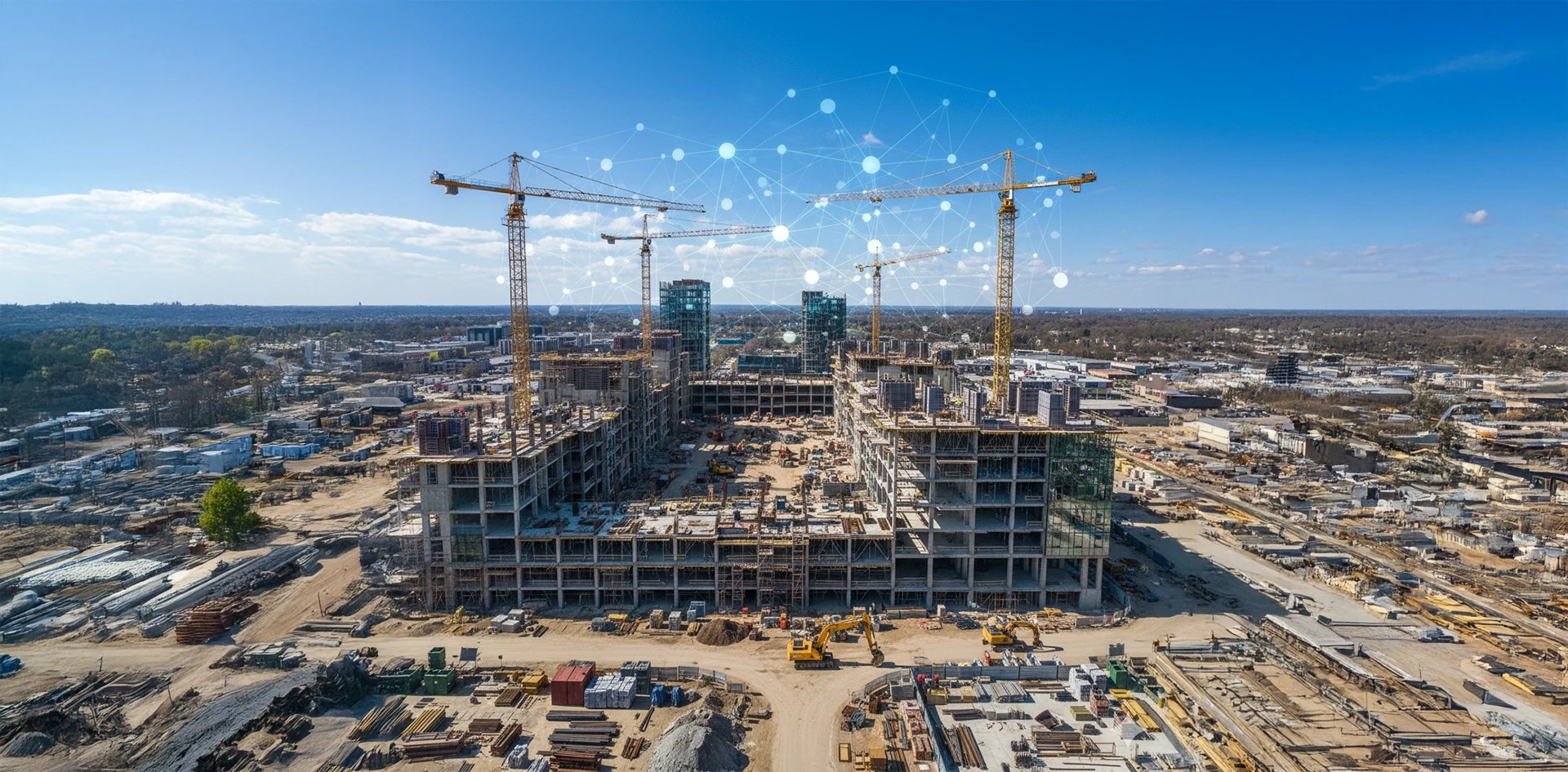 AI-powered weather monitoring for construction smarter decisions resilient outcomes — aerial view of a large construction site with cranes connected by digital data network illustrating predictive weather intelligence.