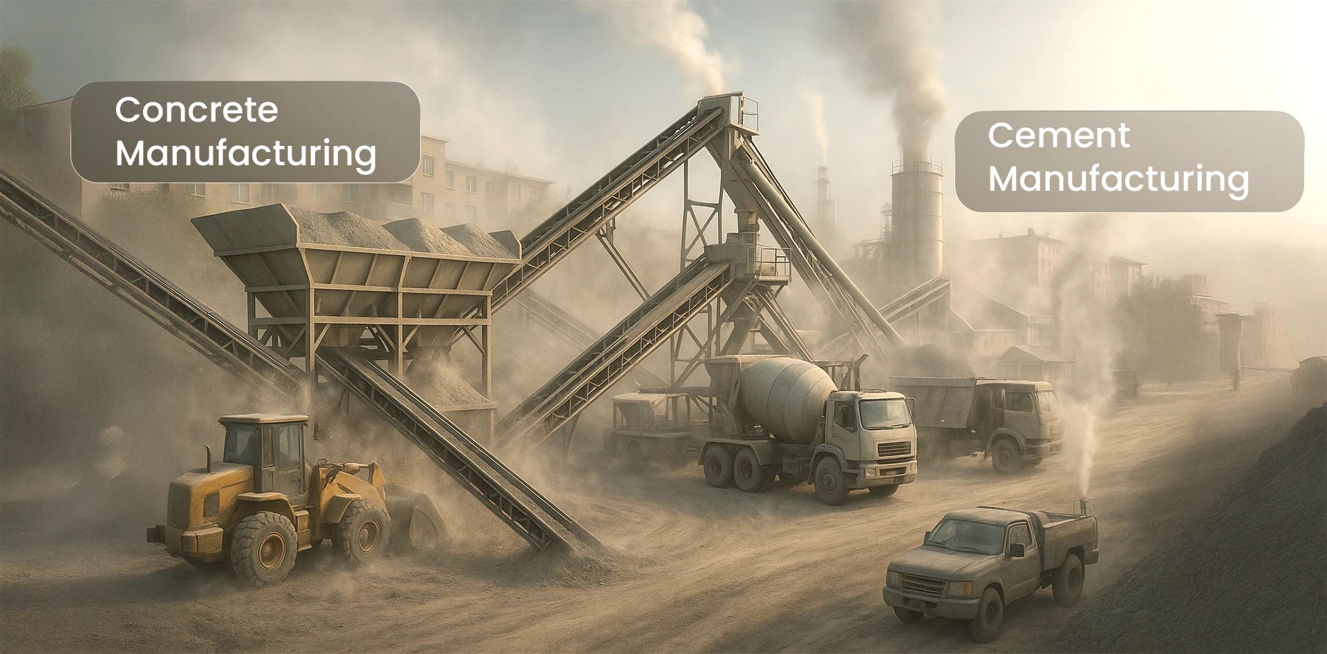 Air Quality Monitoring in Cement Plants and Concrete Manufacturing showing heavy machinery, conveyor belts, and dust emissions during material handling and mixing processes.