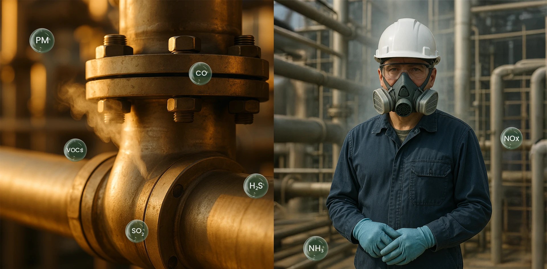 Chemical plant worker wearing protective gear beside a leaking industrial pipeline with pollutants like VOCs, PM, CO, SO₂, H₂S, NH₃, and NOx highlighted, illustrating the need for Air Quality Monitoring in Chemical Industries.