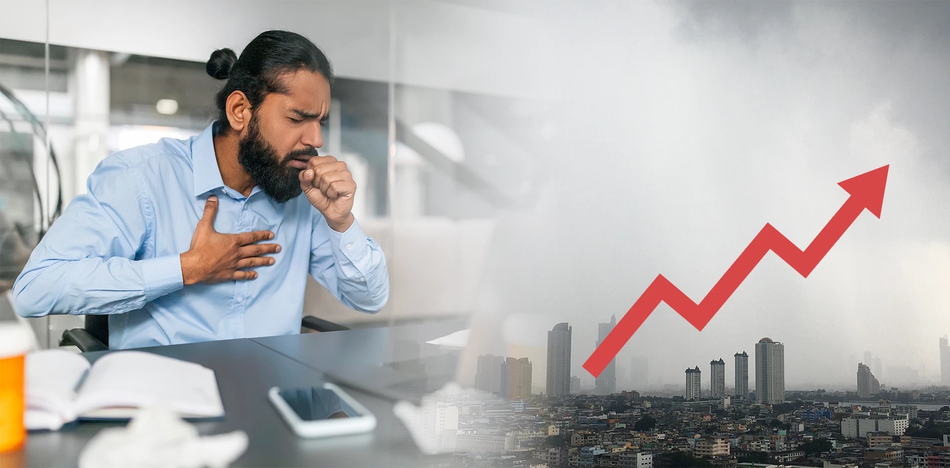 Man experiencing severe coughing in an office with a polluted cityscape and rising claim trend line, illustrating why insurers should invest in hyperlocal air quality intelligence.