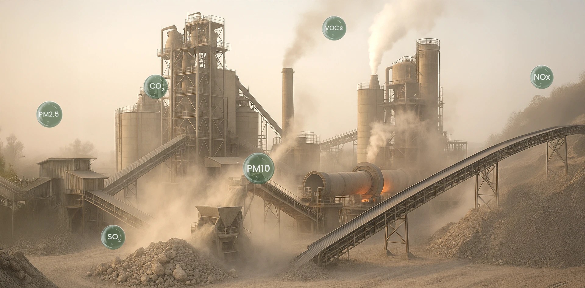 Air Quality Monitoring in Cement Plants showing emissions of PM2.5, PM10, SO2, CO2, NOx, and VOCs from cement production units and rotary kilns, highlighting major industrial air pollutants.