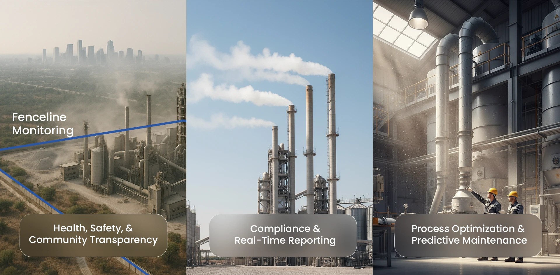 Air Quality Monitoring in Cement Plants showing fenceline monitoring for community safety, compliance reporting through emission tracking, and process optimization with predictive maintenance inside industrial facilities.