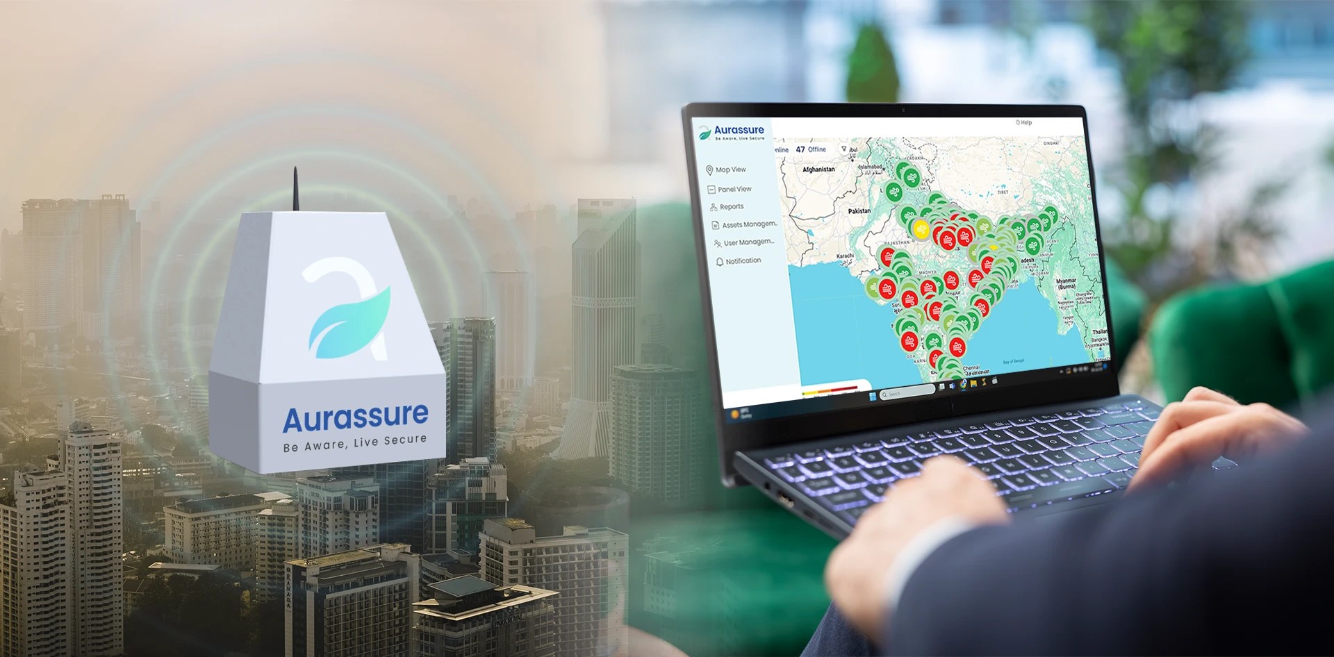 Aurassure air quality sensor above a polluted city and a laptop map dashboard showing hyperlocal air quality alerts across India, illustrating why insurers should invest in hyperlocal air quality intelligence.
