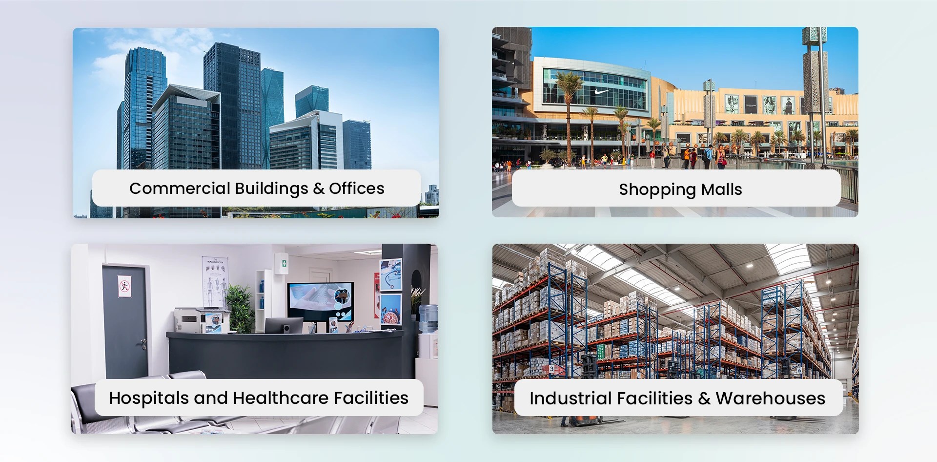 Four building types showing how environmental intelligence is transforming HVAC efficiency across commercial offices shopping malls hospitals and industrial facilities through data driven climate control.