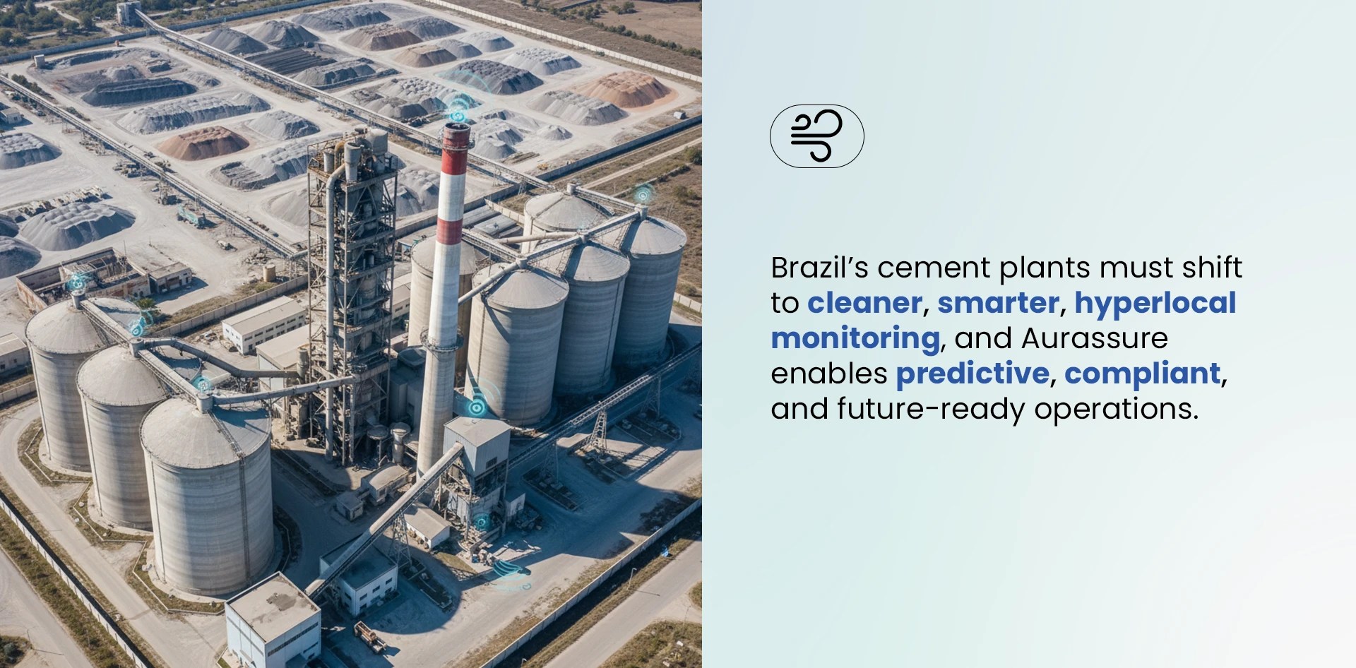 Aerial view of a large cement manufacturing plant with hyperlocal air monitoring nodes that support predictive environmental compliance and community safety under CONAMA 506 Requirements in Brazil.