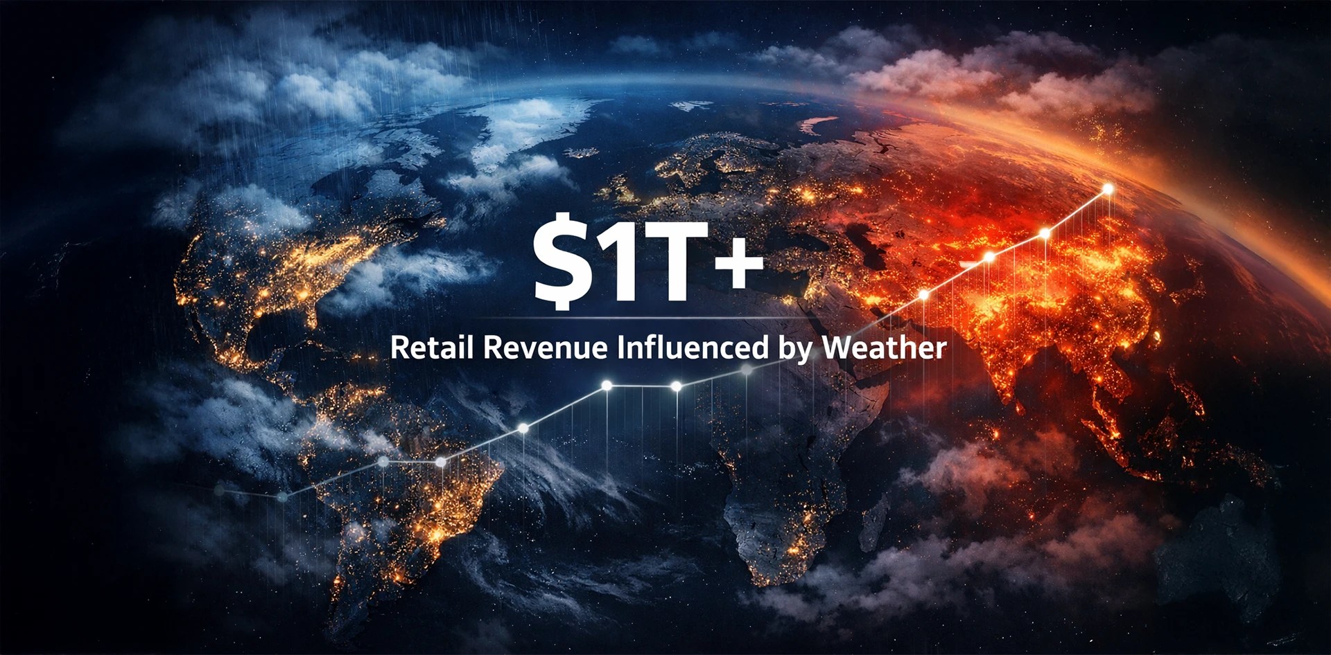 Weather Intelligence In Retail visualized through a global map showing how weather conditions influence more than one trillion dollars in retail revenue worldwide