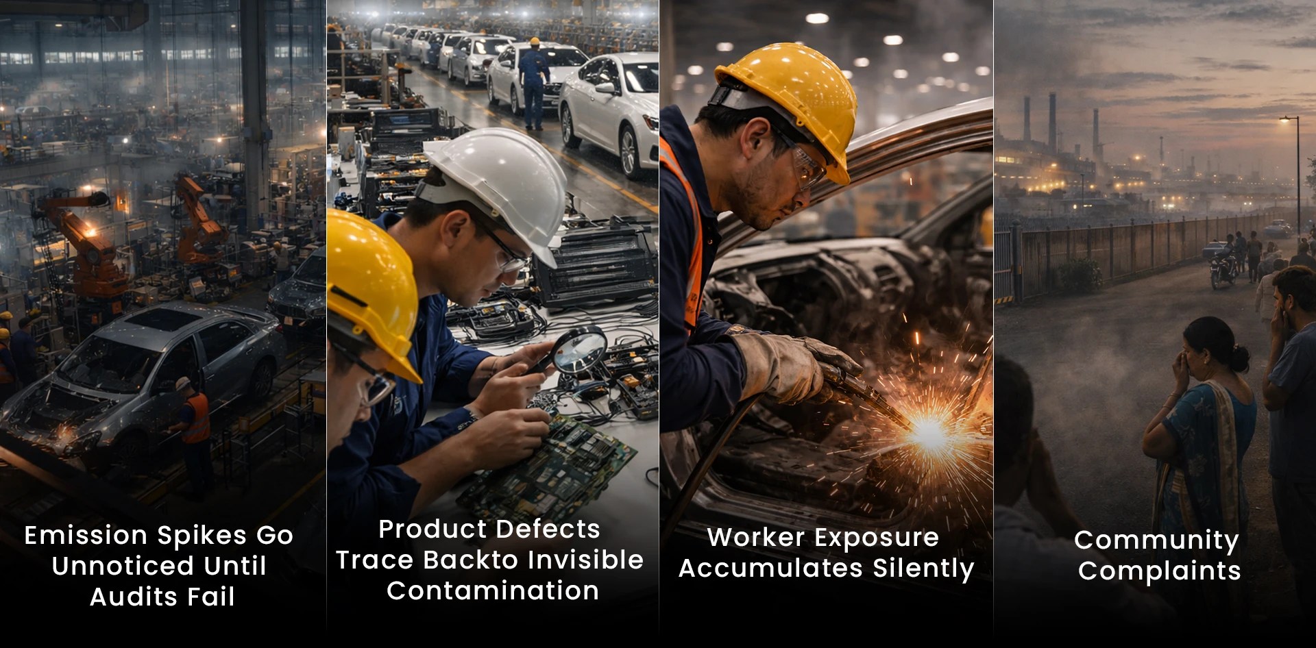 Air Quality Monitoring in Automobile Manufacturing highlighting emission spikes, product contamination risks, worker exposure, and community impact around automotive plants