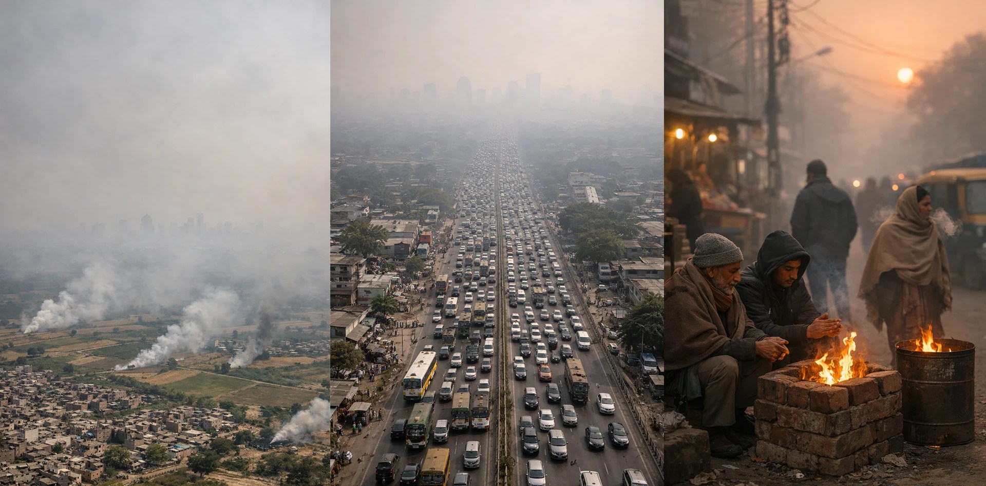 Understanding Delhi NCR Air Crisis showing three major pollution sources: crop residue burning outside the city, dense traffic congestion in urban corridors, and winter biomass burning for heating at street level.