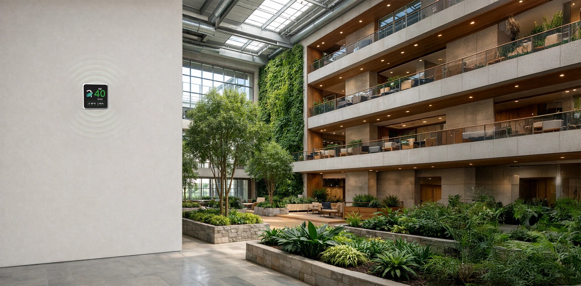 Indoor Air Quality in Green Buildings demonstrated through real time indoor air quality monitoring installed inside a biophilic green commercial building atrium