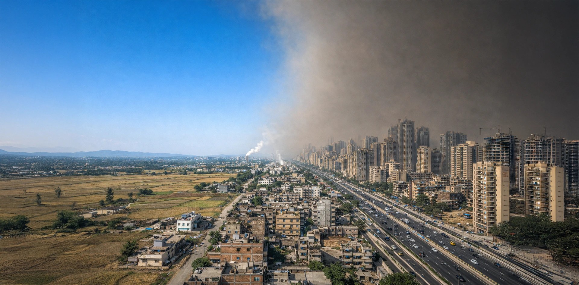 Understanding Delhi NCR Air Crisis illustrated by a stark contrast between clear rural air and dense urban smog over a rapidly expanding NCR city corridor driven by traffic and construction emissions.