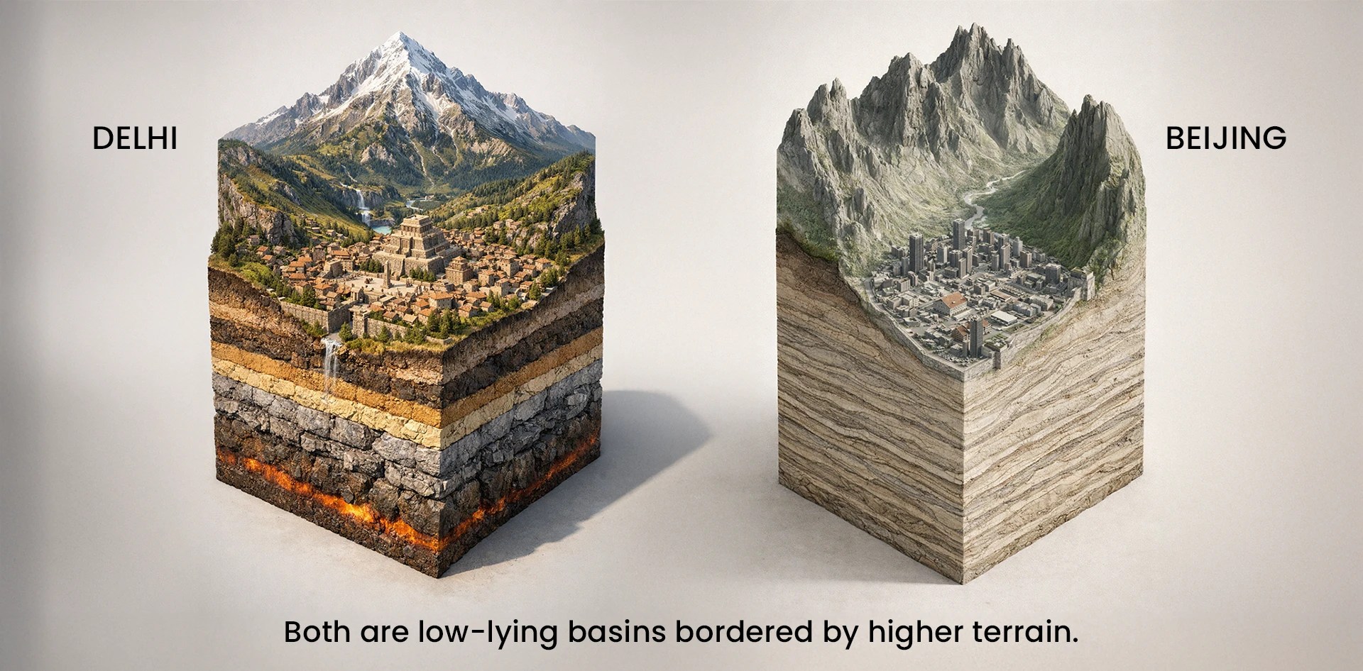 Understanding Delhi NCR Air Crisis through a conceptual comparison of Delhi and Beijing, illustrating how basin like geography and surrounding mountain barriers trap air pollution in both cities.