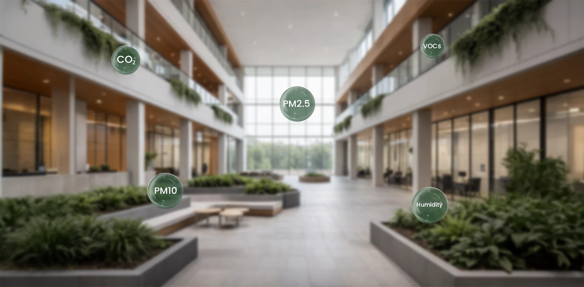 Indoor Air Quality in Green Buildings showing real time monitoring of PM2.5 PM10 CO2 VOCs and humidity inside a biophilic green building atrium