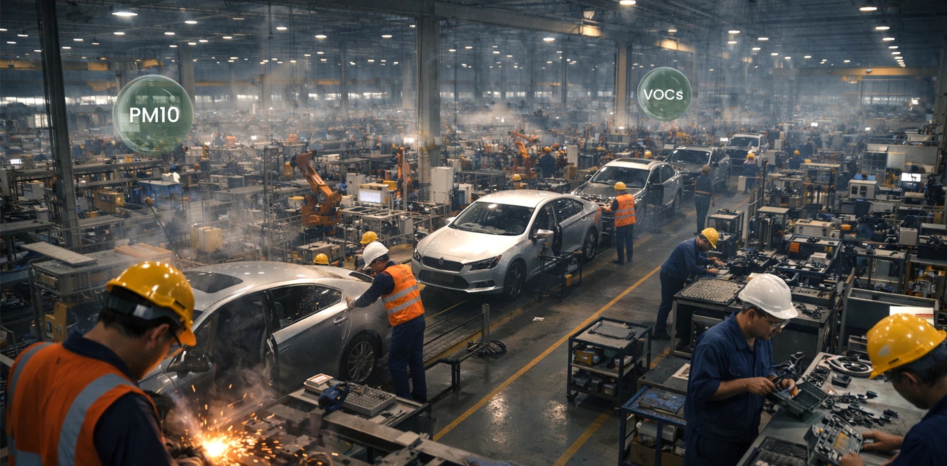 Air Quality Monitoring in Automobile Manufacturing across a large automotive assembly plant with visible PM10 dust, VOC exposure, welding fumes, and active production lines