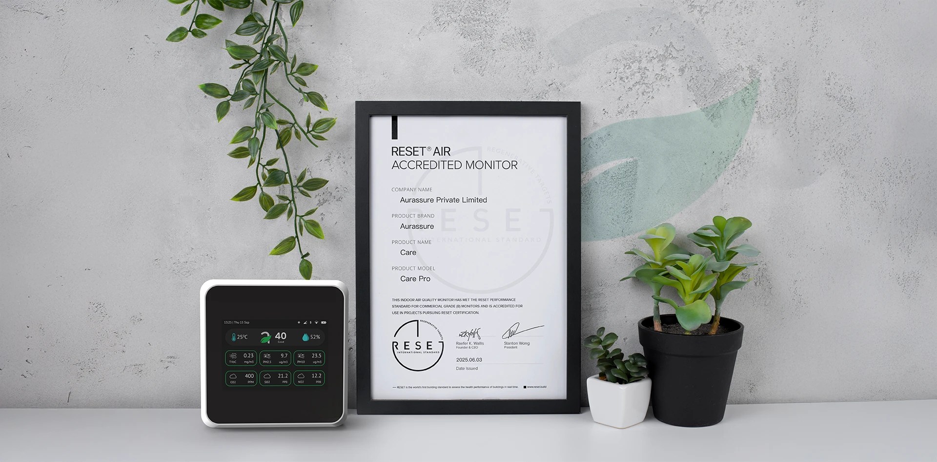 Indoor Air Quality in Green Buildings supported by a RESET accredited indoor air quality monitor displayed alongside certification documentation in a sustainable indoor setting