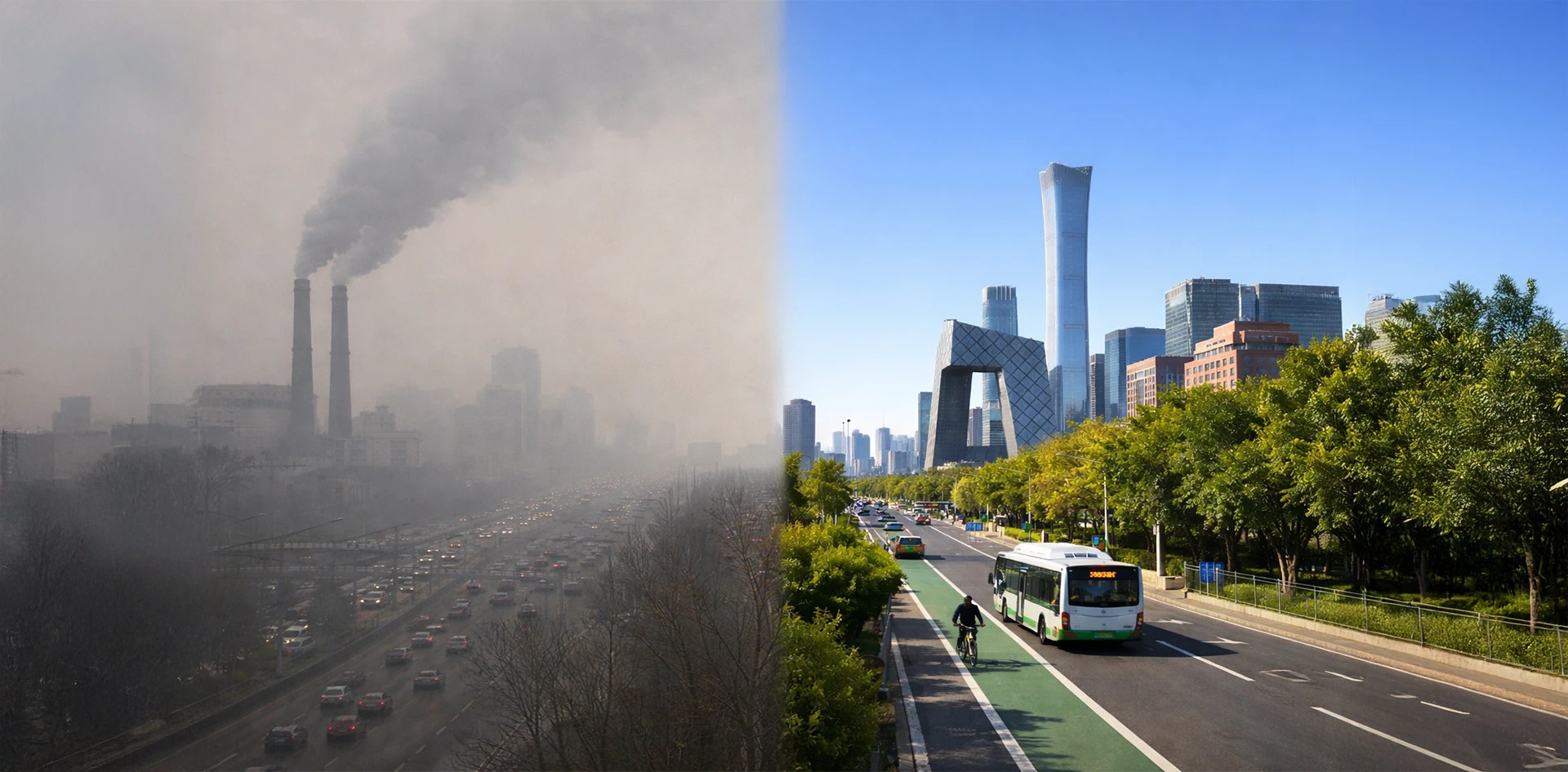 Understanding Delhi NCR Air Crisis through a before and after view of Beijing city, showing transformation from severe industrial smog to clear skies achieved through sustained air pollution control.