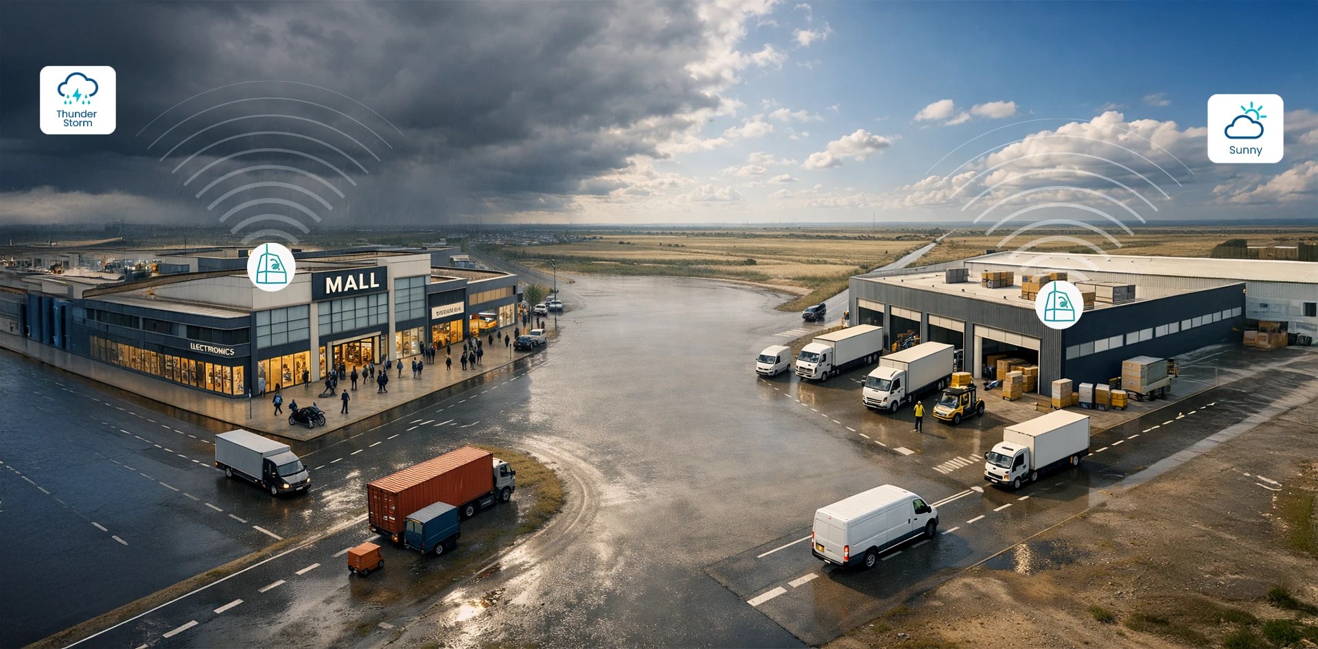 Weather Intelligence In Retail illustrated by a shopping mall and distribution warehouse experiencing different weather conditions showing how localized weather impacts retail operations and logistics planning