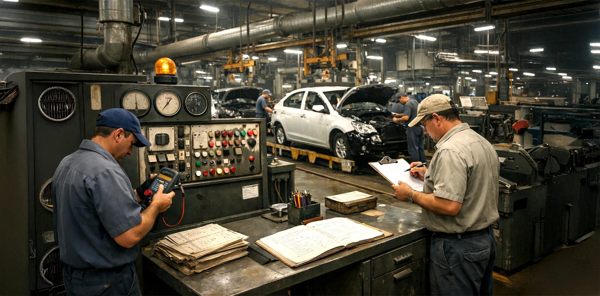 Air Quality Monitoring in Automobile Manufacturing showing on site measurements, manual inspections, and audit documentation inside an automotive production facility