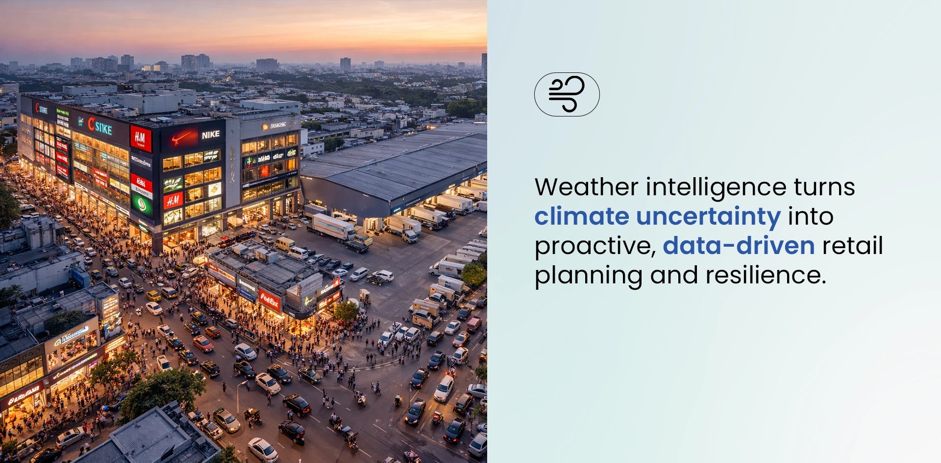 Weather Intelligence In Retail shown through a large urban shopping district and logistics hub illustrating how retailers use data driven insights to plan operations and build resilience amid climate uncertainty