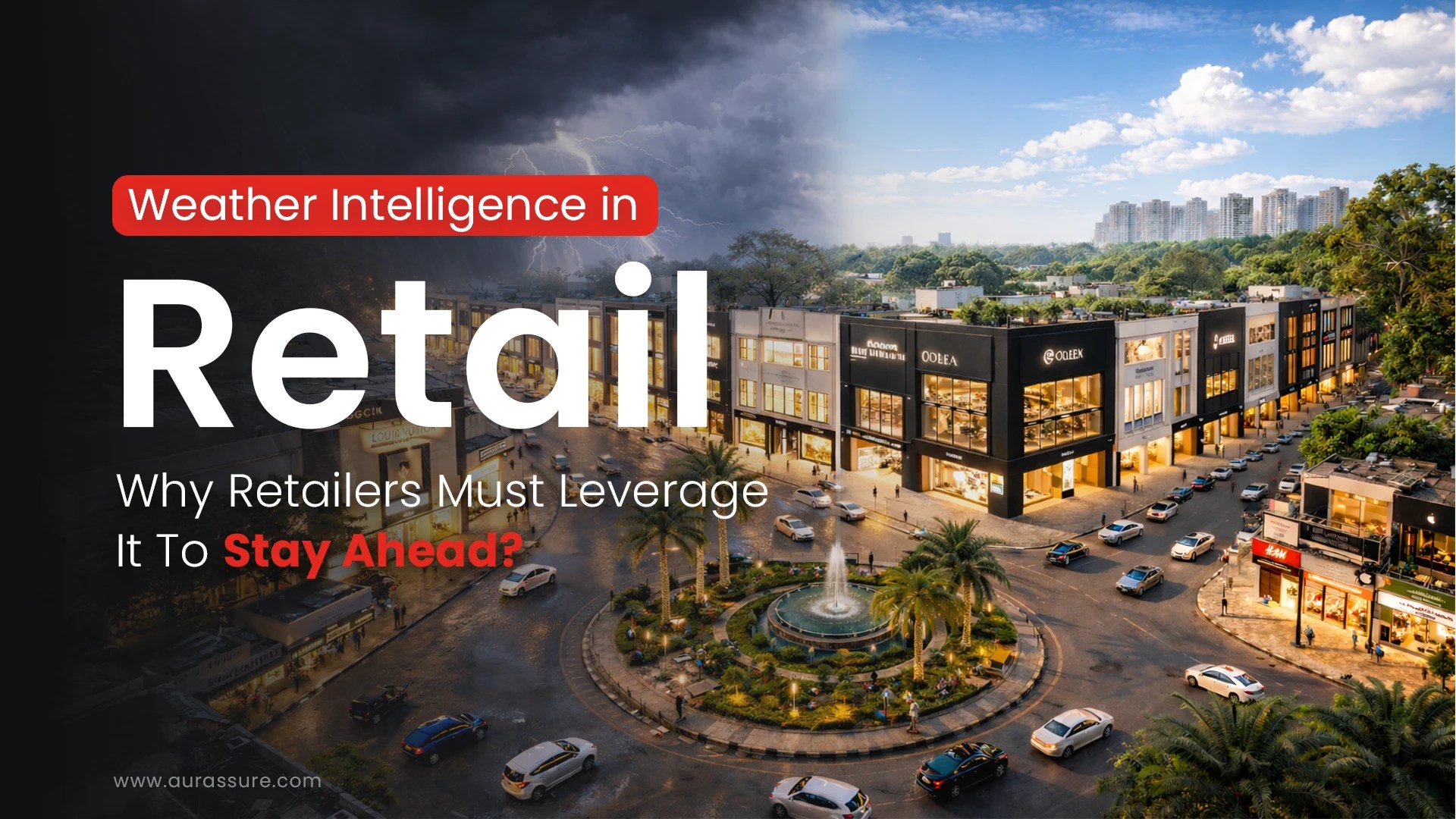 Weather Intelligence In Retail illustrated through a modern retail district experiencing contrasting weather conditions that influence customer footfall demand planning and store performance