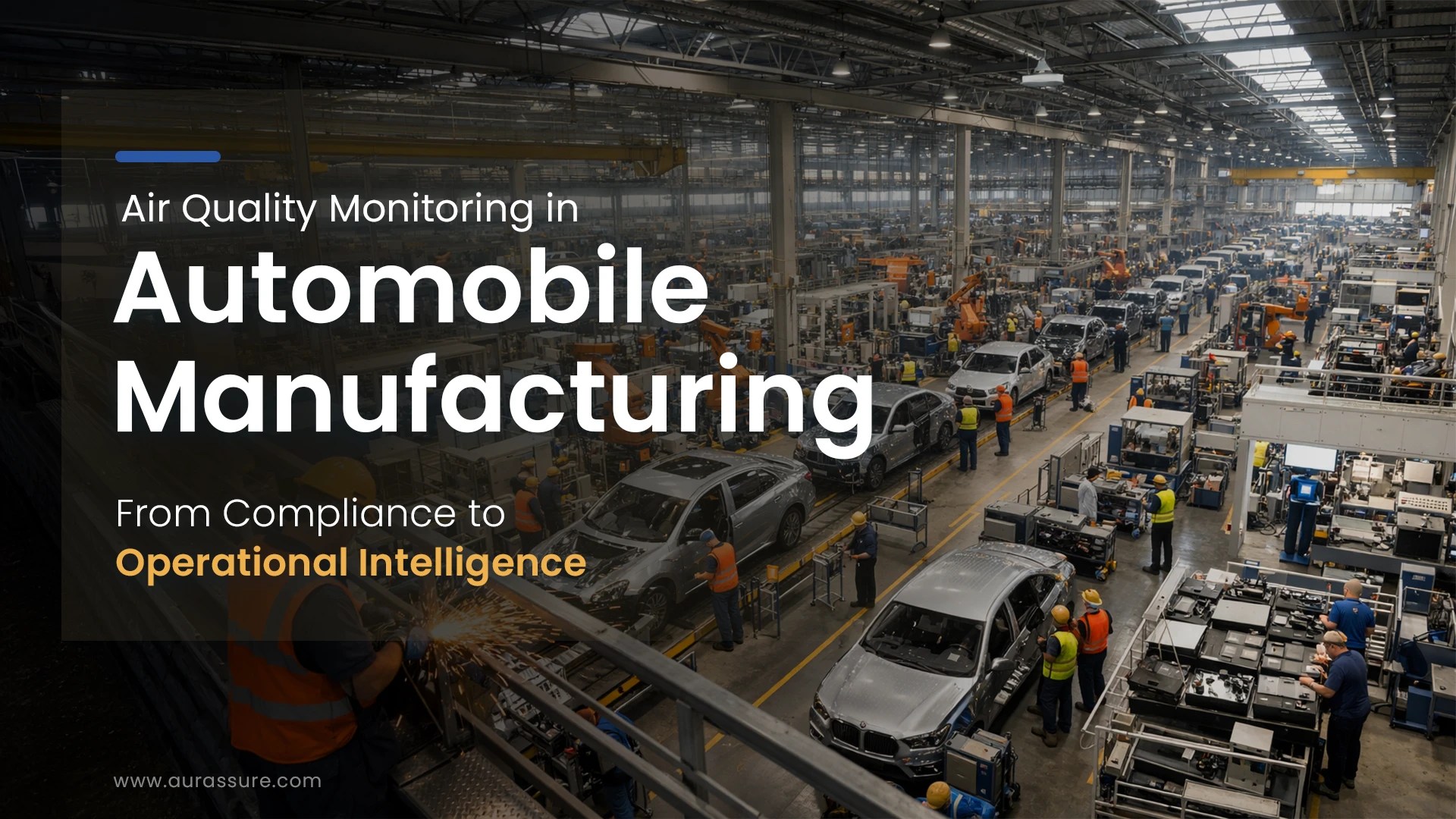 Air Quality Monitoring in Automobile Manufacturing inside a large automotive plant with active assembly lines, welding stations, and workers operating in a complex industrial environment