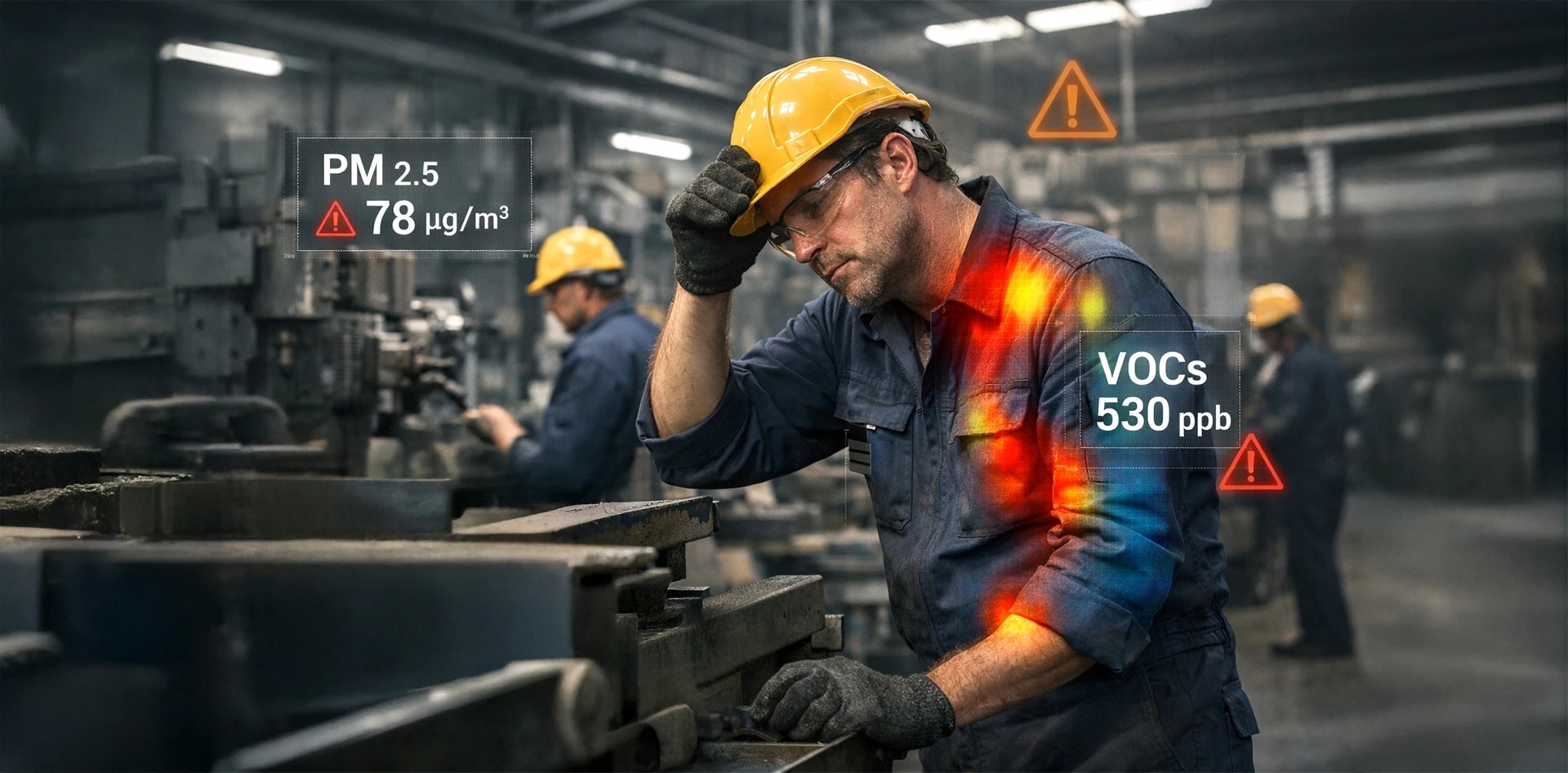 Air Quality Monitoring in Automobile Manufacturing showing elevated PM2.5 and VOC exposure impacting worker health inside an automotive production facility