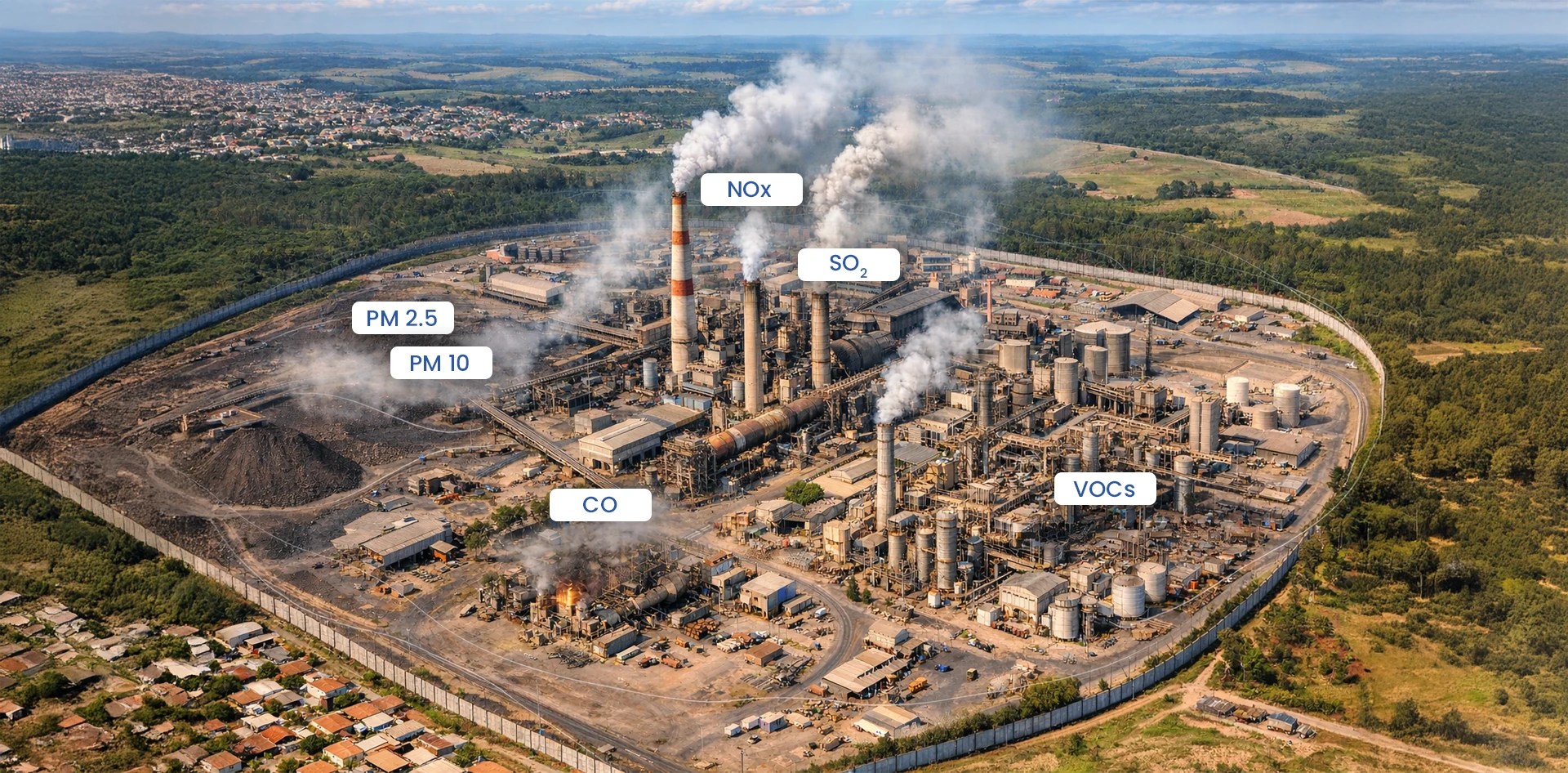 Aerial view of an industrial facility showing on site air quality monitoring of PM2.5, PM10, NOx, SO2, CO, and VOC emissions across production units and surrounding areas.
