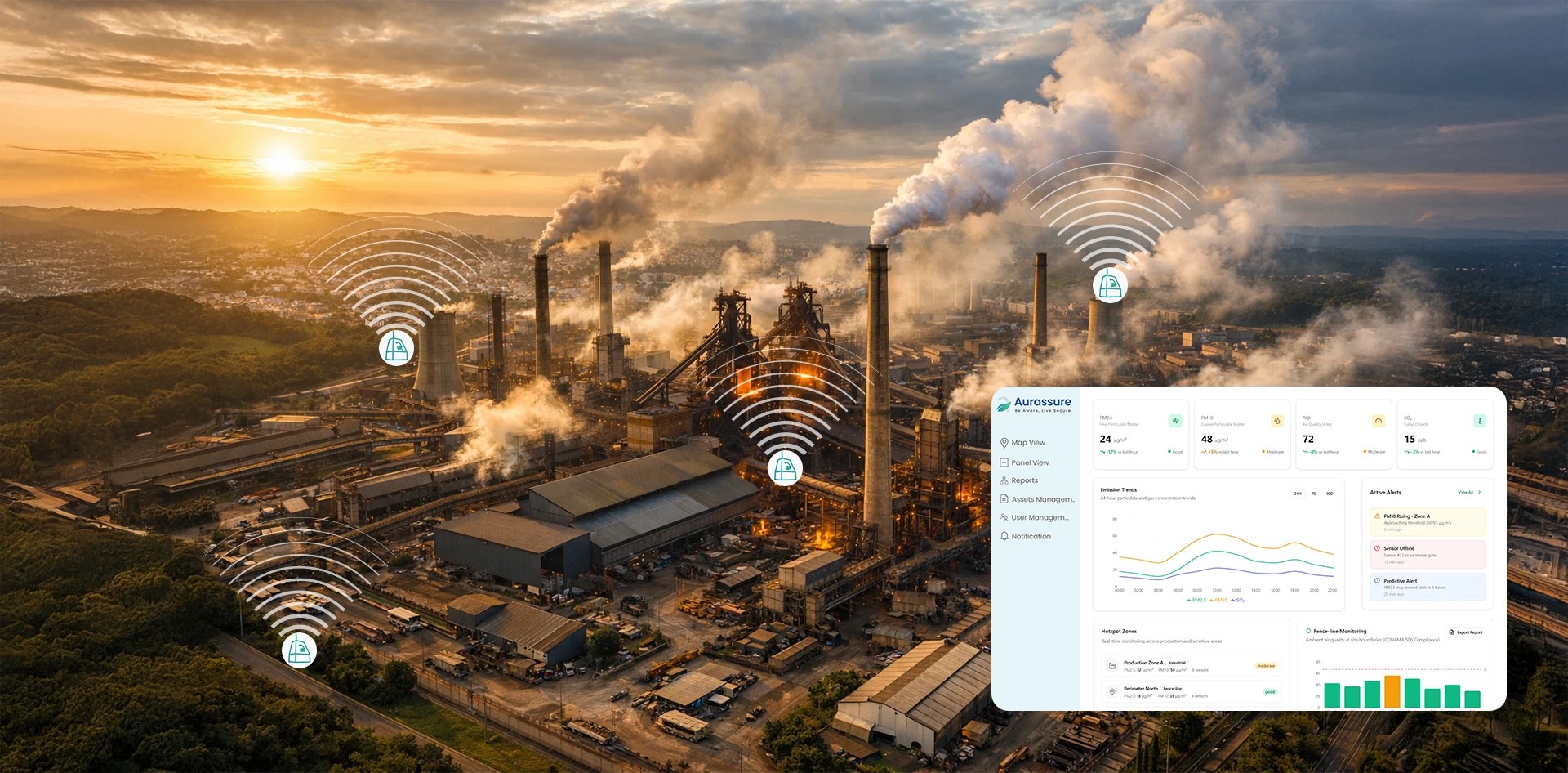 Industrial facility using on site air quality monitoring with connected sensors and a real time dashboard to track emissions, air quality trends, and compliance status.